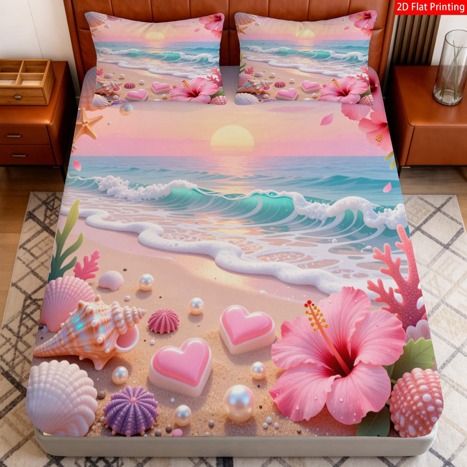 TEMU 2/3pcs 2d Flat Printing Romantic Coastal Bedding, Pink & Blue Ocean Sunset Print With Shells, Hibiscus & Hearts, For Bedroom Decor, Beach Themed