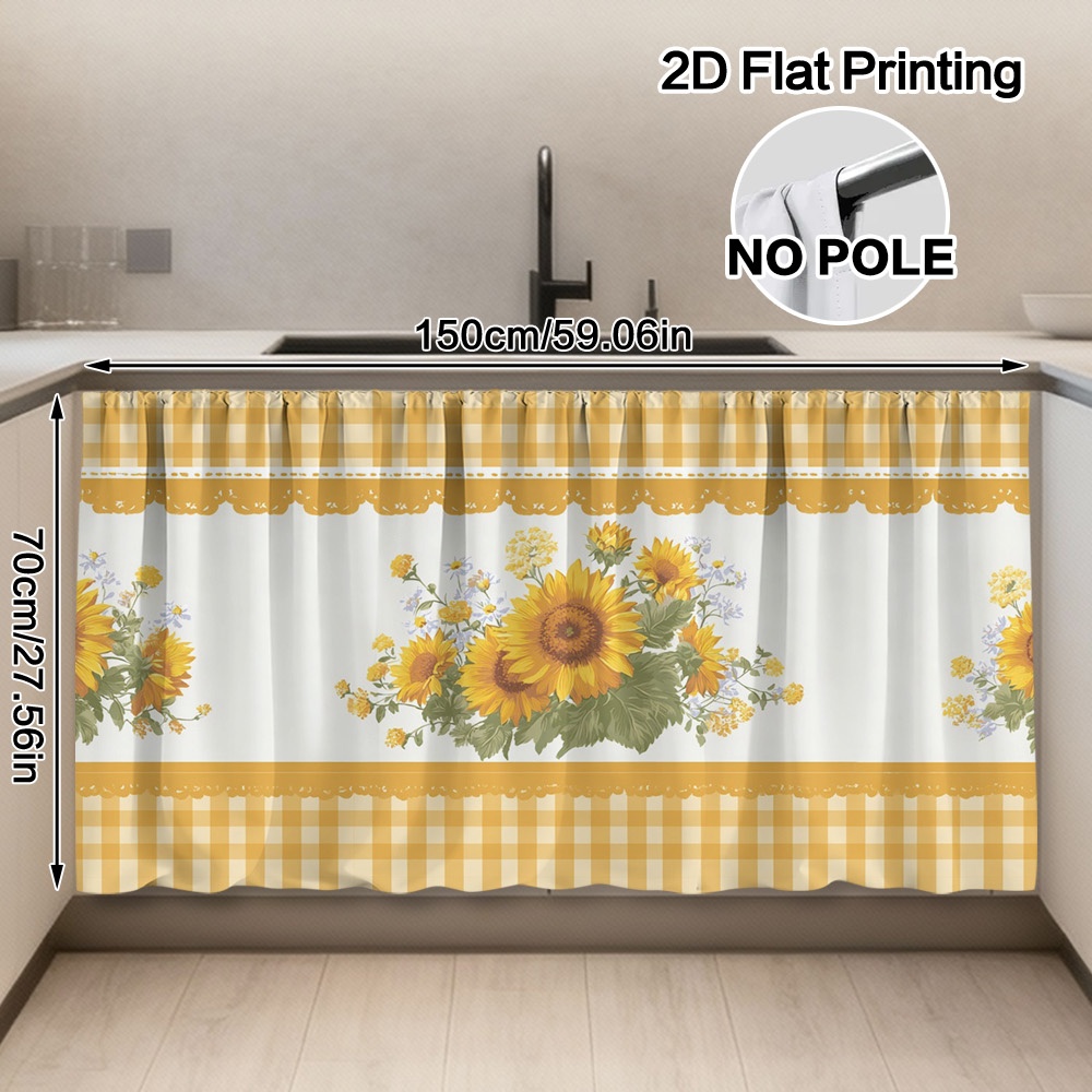 TEMU 2d Flat, No Drill Semi-sheer Kitchen Curtain Panel Suitable For Sink Cabinet Cover With Rod Pocket, Gingham Sunflower Bouquet - Machine Washable