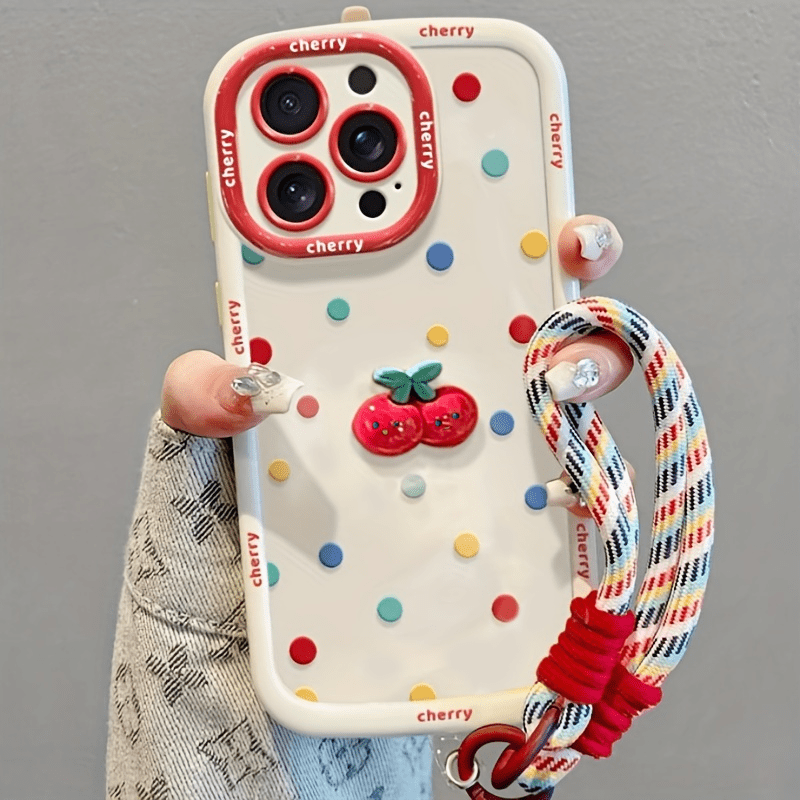 TEMU Phone Case - Cream-colored Shell Painted Cherry Doll With Colorful Polka Dot Phone Case, Suitable For Phones