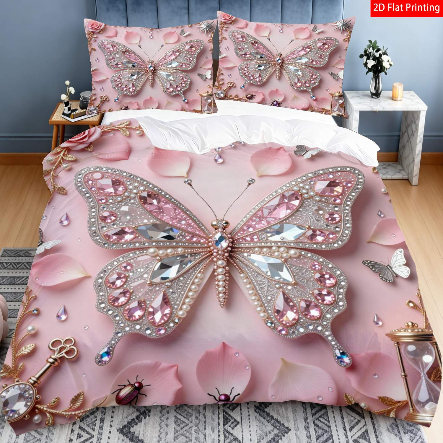 TEMU 2/3pcs 2d Flat Printing Elegant Luxury & Floral Bedding Pink With Crystal, Pearl, Rose Petal, Hourglass, Key Print Pattern For Romantic Bedroom