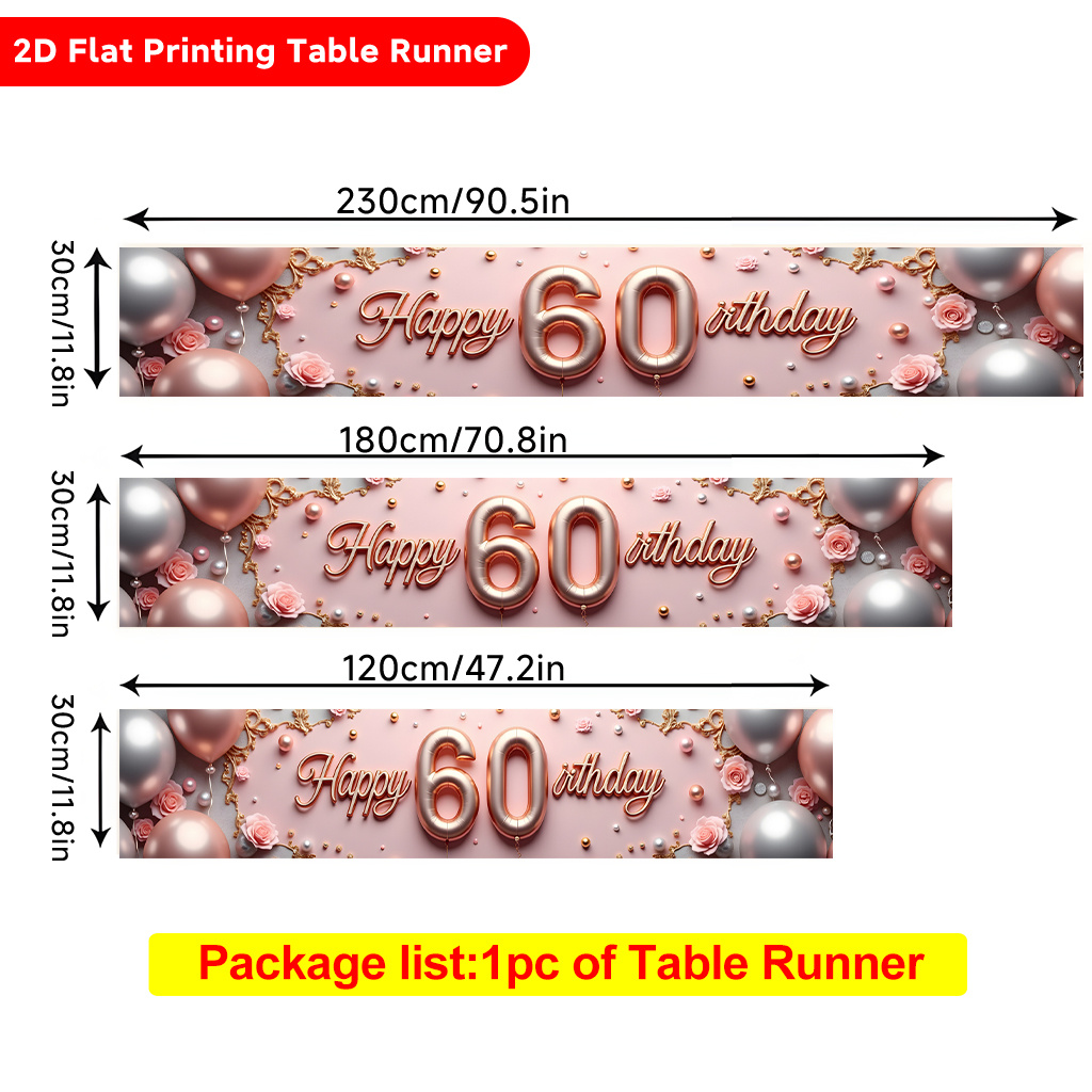 TEMU 1pc 1pcs Happy 60th Birthday Table Runner Suitable For Dining Table, Coffee Table Decor - Vibrant Balloon & , Rectangular Polyester Party