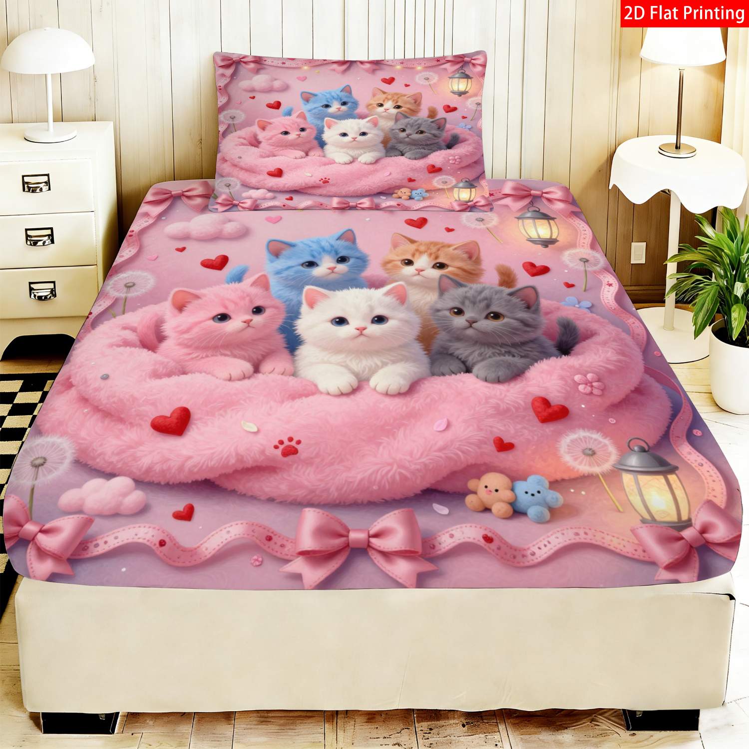 TEMU 2/3pcs 2d Flat Printing Cute Cartoon Cat Bedding Pink Fluffy Kitten Heart Cloud Pattern Quilt Cover Pillowcase For Bedroom Decor(1*fitted
