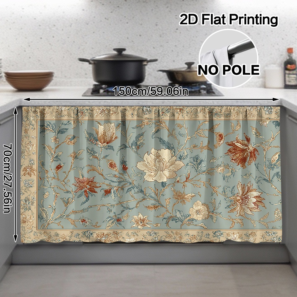 TEMU 2d Flat - 2d Flat - 1pc 2d Flat Botanical Floral Vines Pattern Kitchen Sink Cover Curtain | Polyester, Semi-sheer, Rod Pocket Installation,