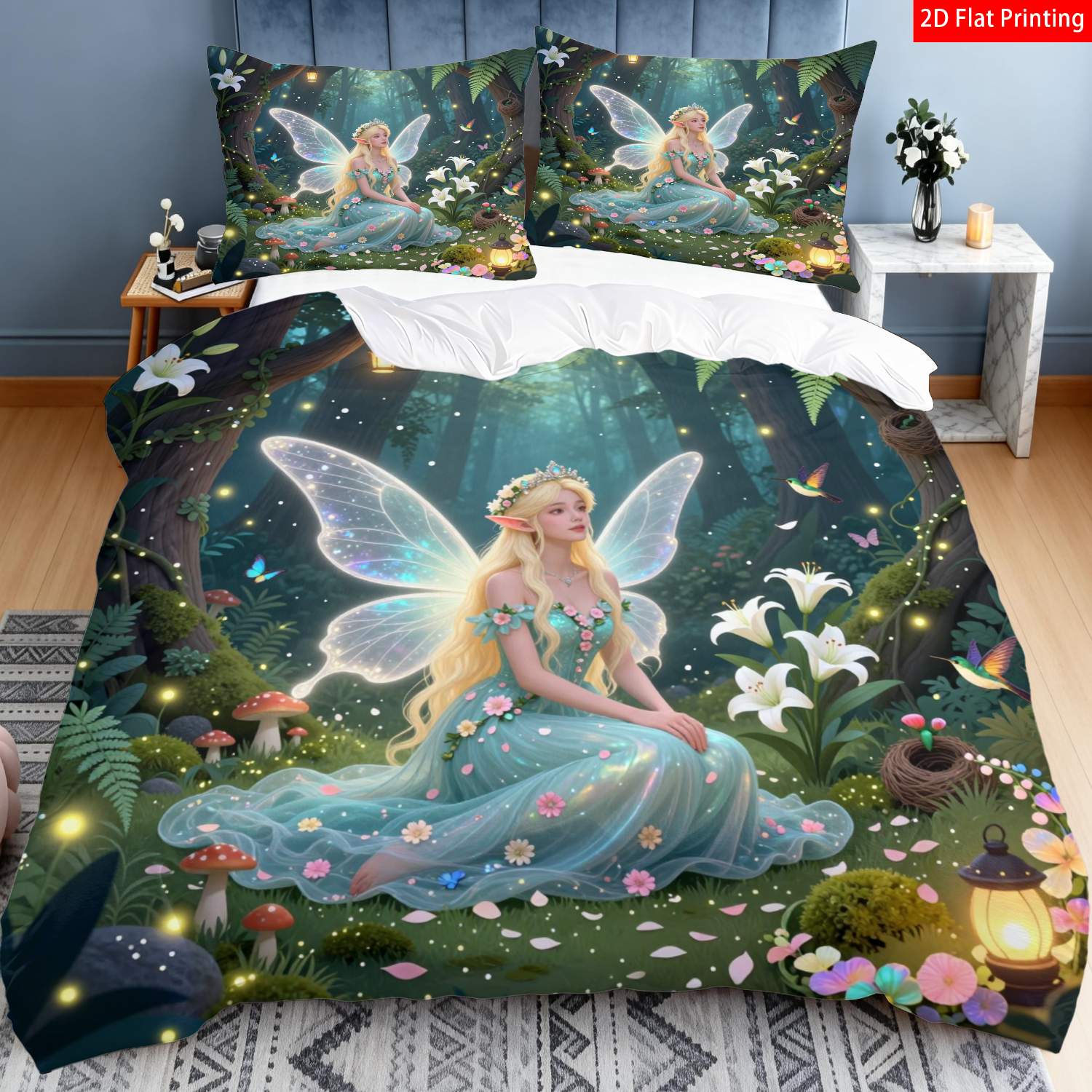 TEMU 2/3pcs 2d Flat Printing Romantic Forest Bedding Princess Print With Glowing Butterflies Mushrooms For Bedroom Decor1*duvet 1/2*pillowcases,