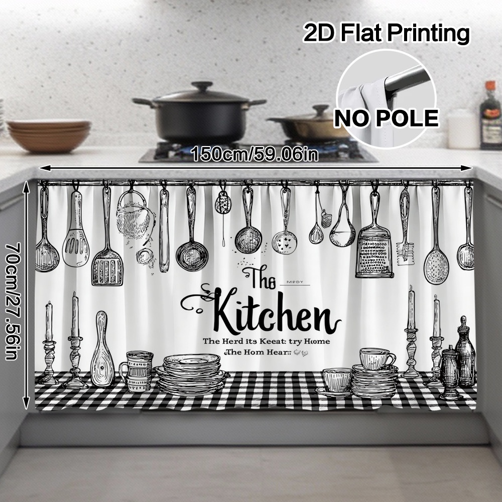 TEMU 2d Flat, 1pc Hand-drawn Kitchen Utensil Curtain Panel - Semi-sheer Rod Pocket Window Cover With Utensil, Machine Washable Polyester Fabric