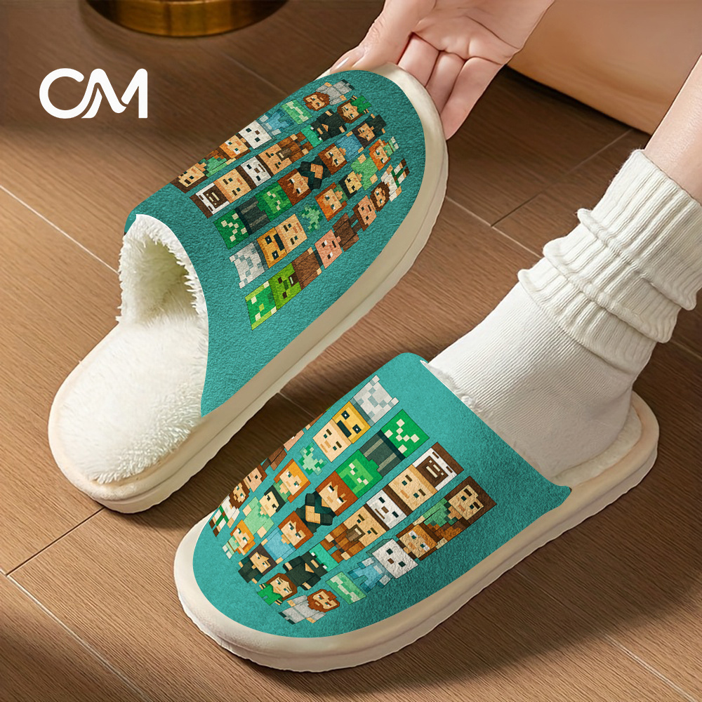 TEMU Pixel-style Game Character House Slippers With Plush Lining And Non-slip Soles. Soft And Warm Winter Indoor/outdoor Home Shoes, Machine Washable
