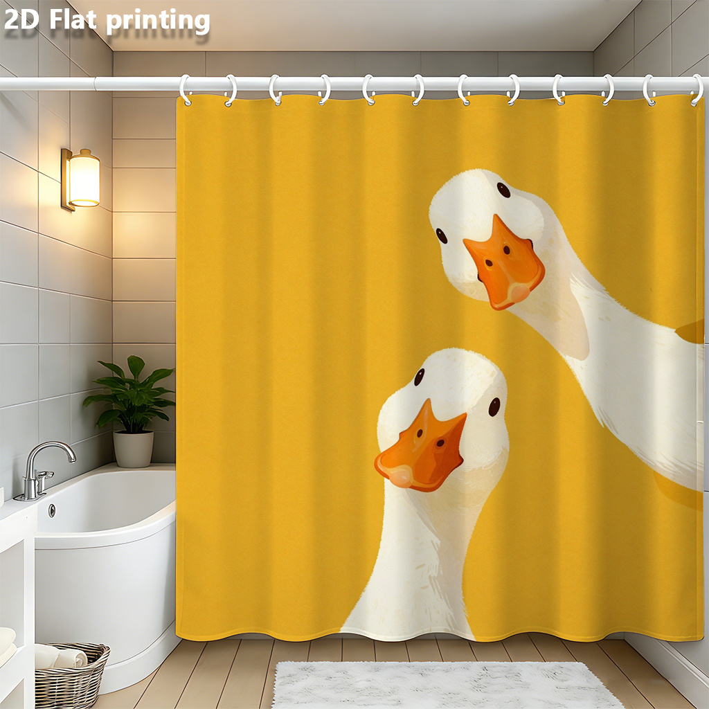 TEMU 2d Flat, 2d Flat-printed Shower Curtain, 1pc, Featuring 2 Adorable Little White Ducks Standing On A Yellow Background, Perfect For Occasions And