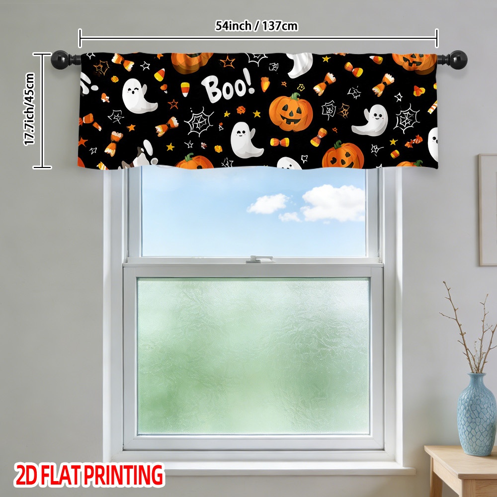 TEMU 2d Flat - 2d Flat - 2d Flat, 1pc Halloween And Pumpkins Kitchen Curtain Valance - Light-filtering Polyester Window For Kitchen, Living Room,
