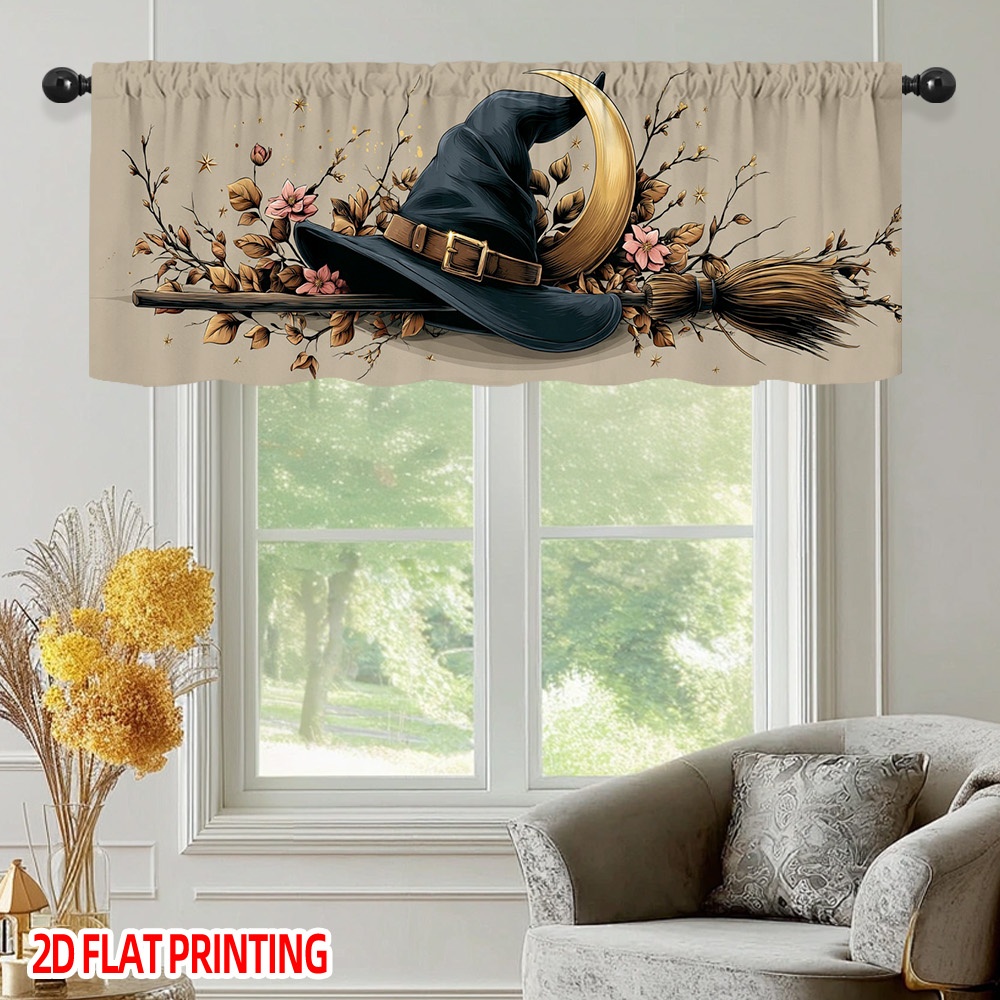 TEMU 2d Flat - 2d Flat - 2d Flat Window Curtain, 1pc, Halloween Witch Hat And Broom Theme Curtain Semi-transparent Rod-, Suitable For Kitchen,