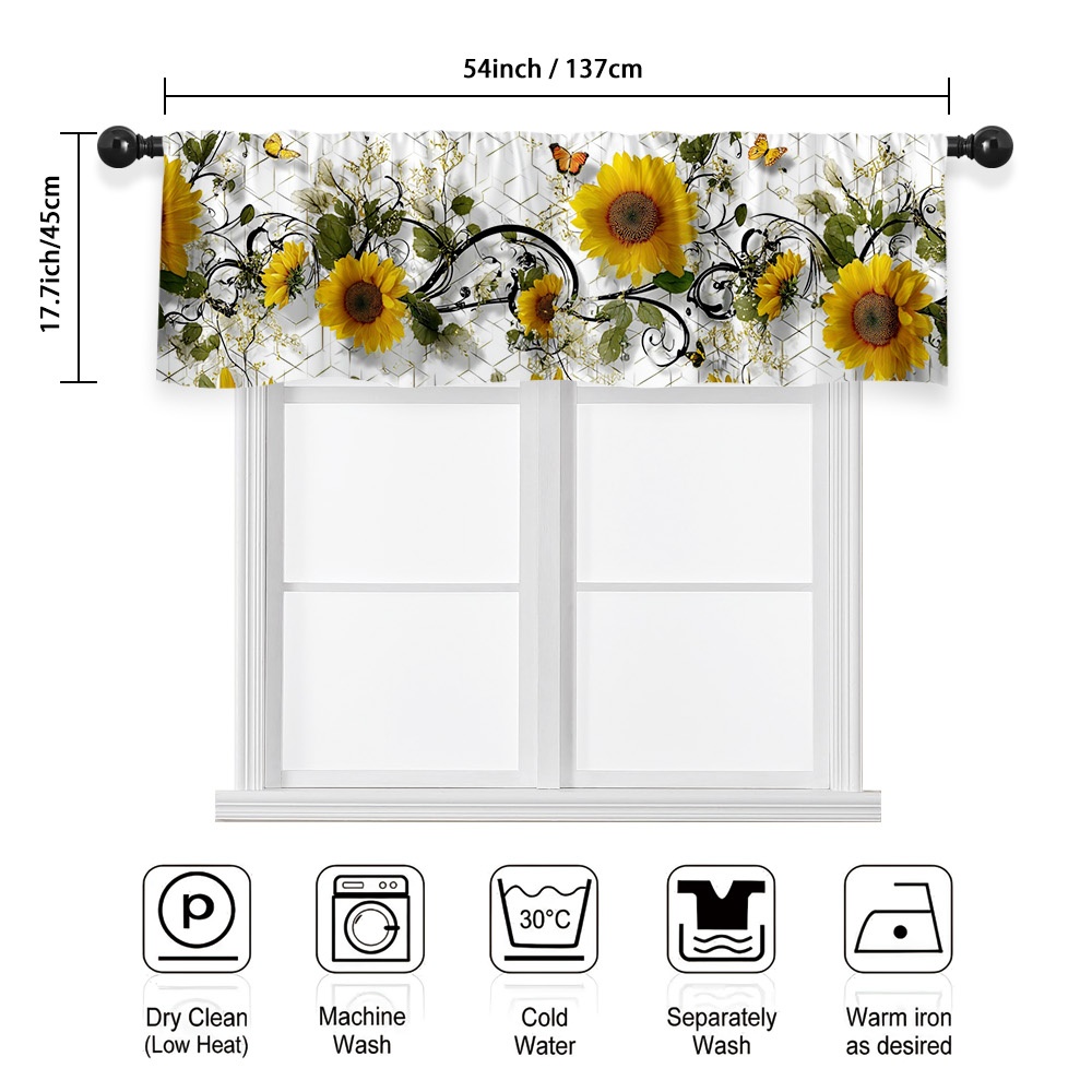 TEMU Rideau semi-transparent 2D plat - 2D plat - 2D plat, Tournesols et papillons, 100% polyester, à passant de tringle, Décoration pour cuisine,
