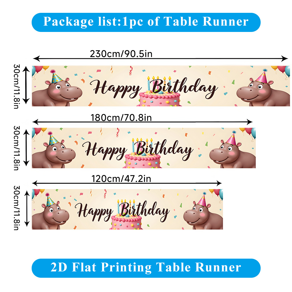 TEMU 2d Flat Printing Table Runner 1pc, Adorable Birthday Hippo Scene Polyester Table Runner, Rectangular, For Dining Table, Coffee Table, Home Party