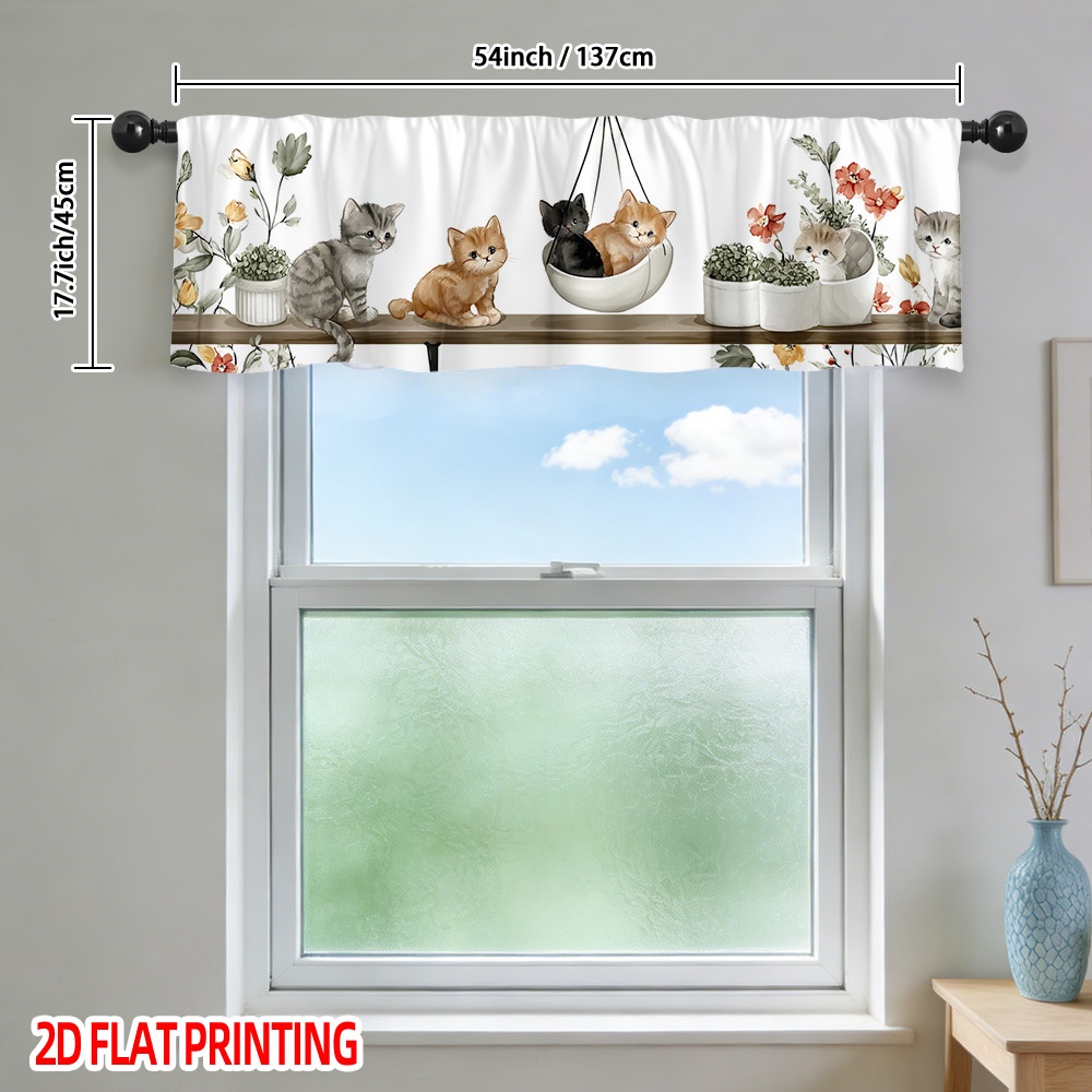 TEMU 2d Flat, 1pc Semi-sheer Window Valance With Cute Kitten & Flower Rod Pocket Short Curtain - Machine Washable Suitable For Kitchen, Bedroom,