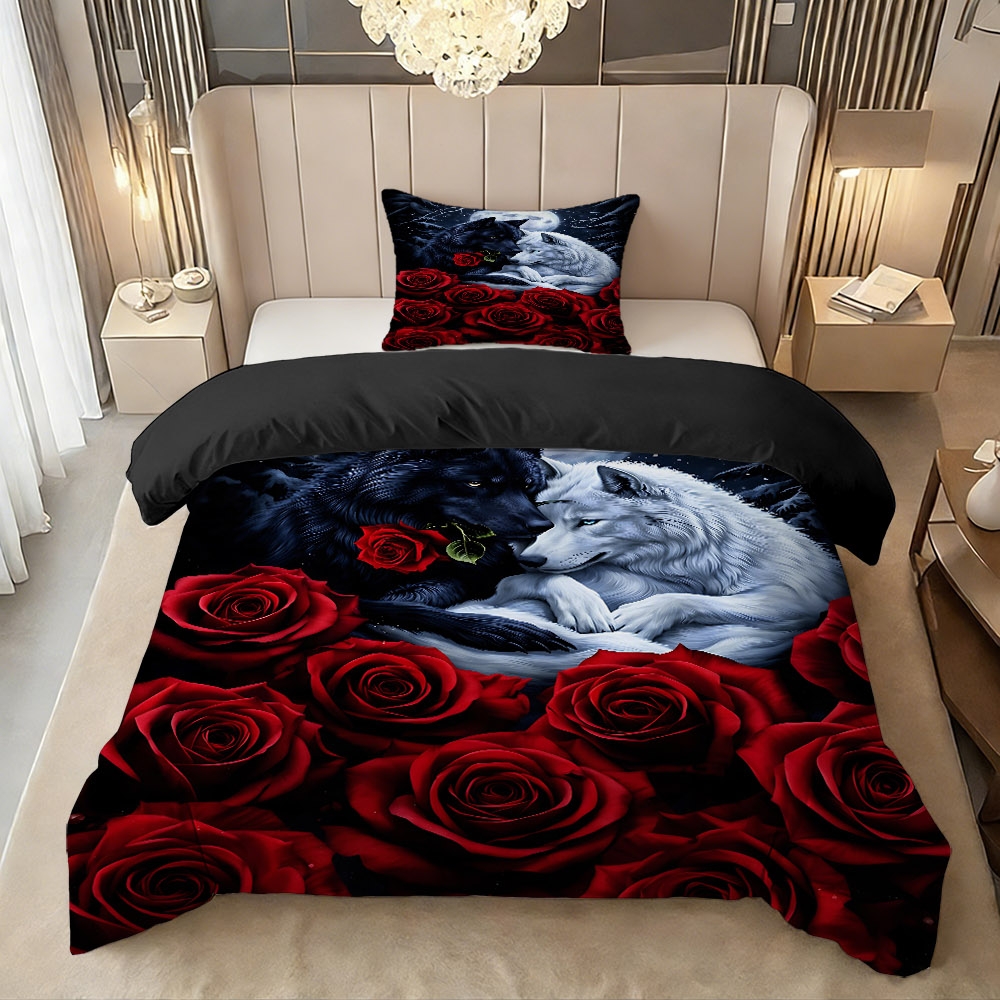 TEMU 2/3pcs Wolf And Rose Under Sky Themed Duvet Cover Set (1 Duvet Cover   1/2 Pillowcases, No Filler), High-definition Digital Printing,