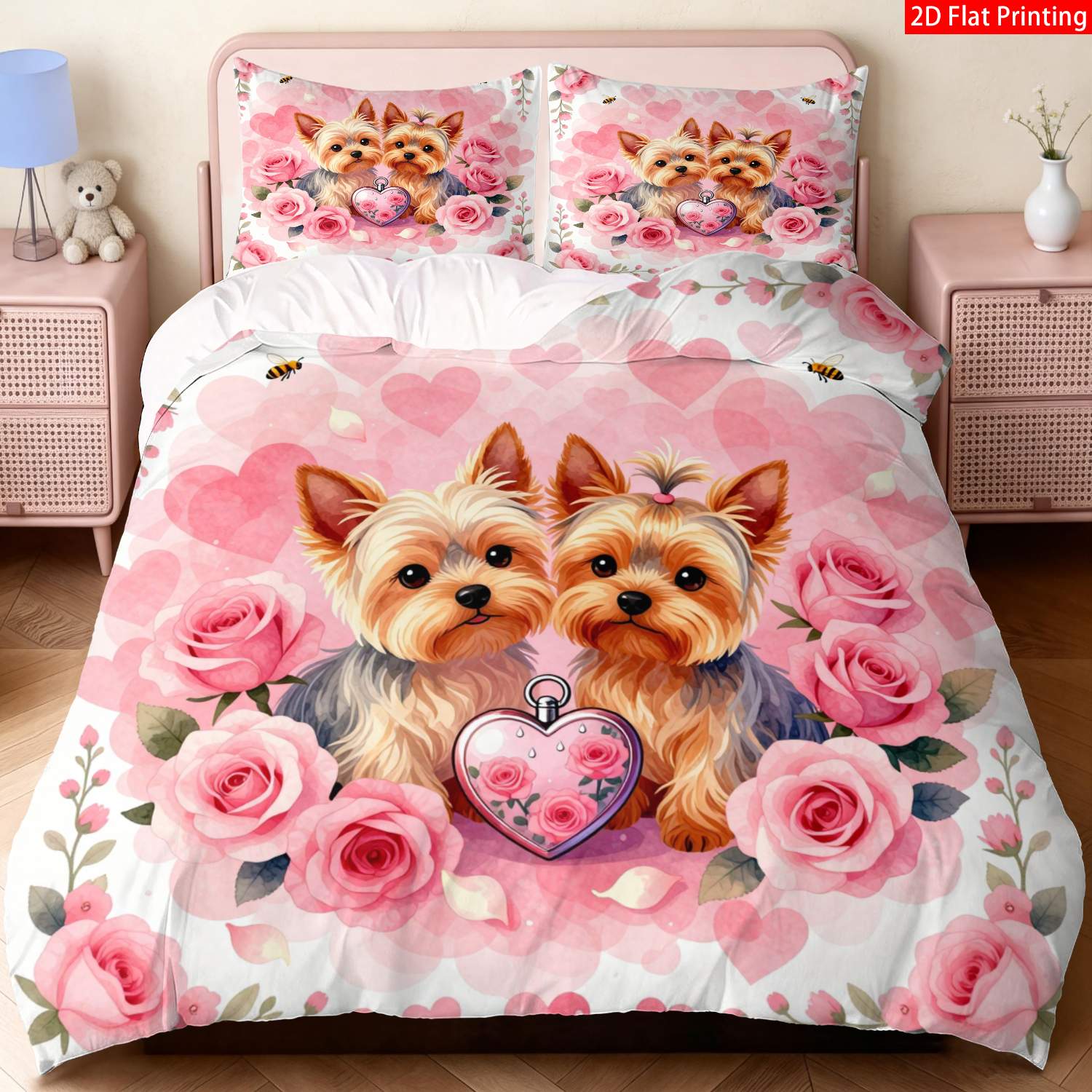 TEMU 2/3pcs 2d Flat Printing Romantic Pet Themed Quilt Cover Bedding Pink Yorkshire Terrier Dogs With Roses Heart Locket Print Suitable For