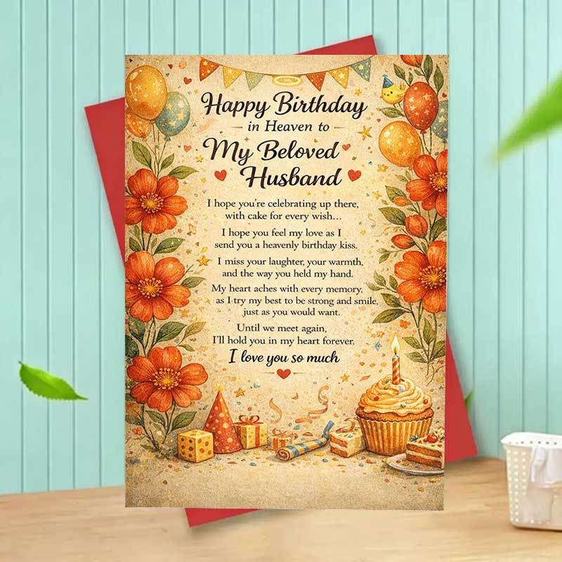 TEMU 1pc Birthday In Heaven Card For Husband Memorial Sympathy Greeting With Cupcake And Flowers Poem Keepsake Gift From Wife For Remembrance