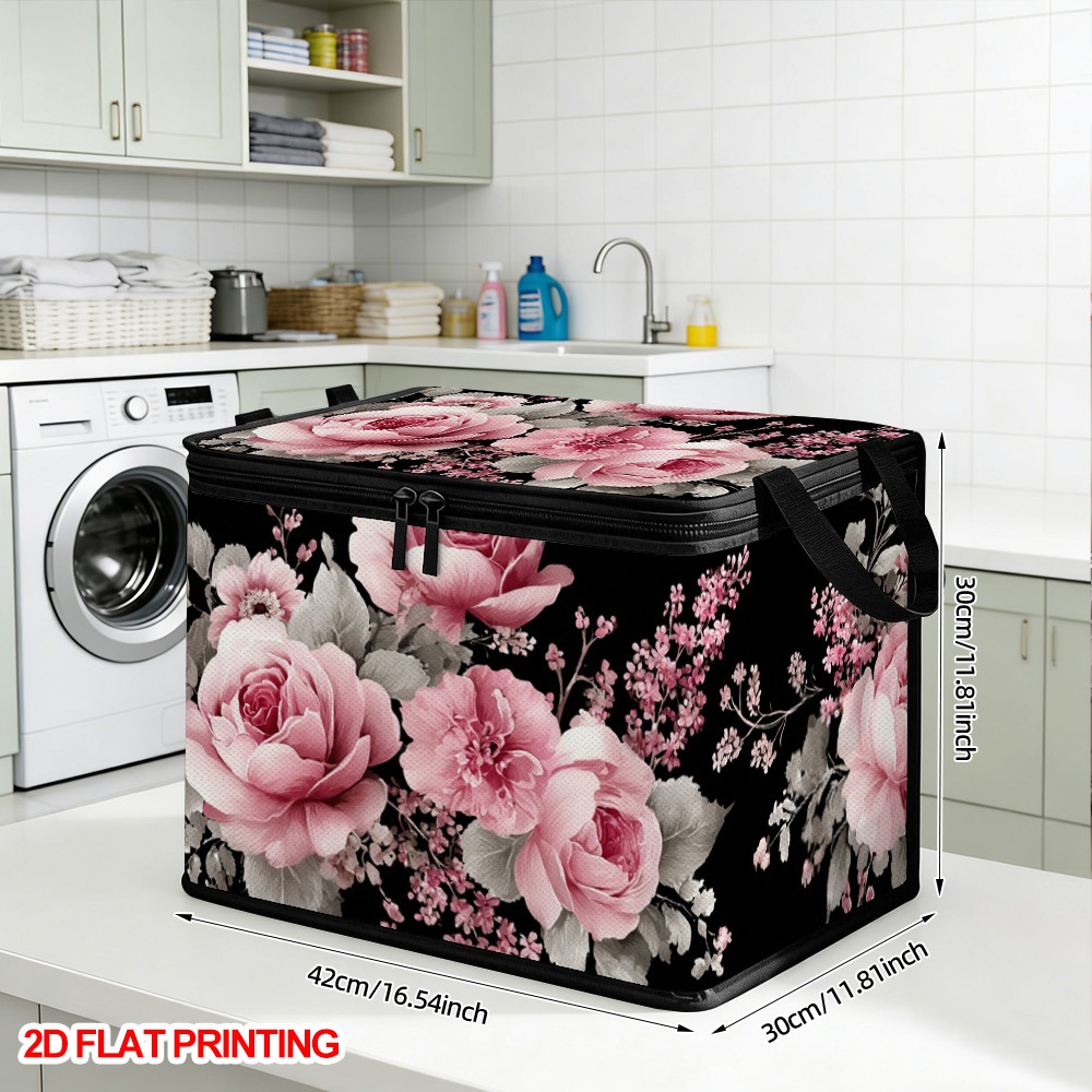 TEMU 1pc Of Pink Floral Storage Bins With A Lid, Large Foldable Pouch, Book Organizer, Car Trunk Organizer, Home Gift, Garage Storage, And Utility
