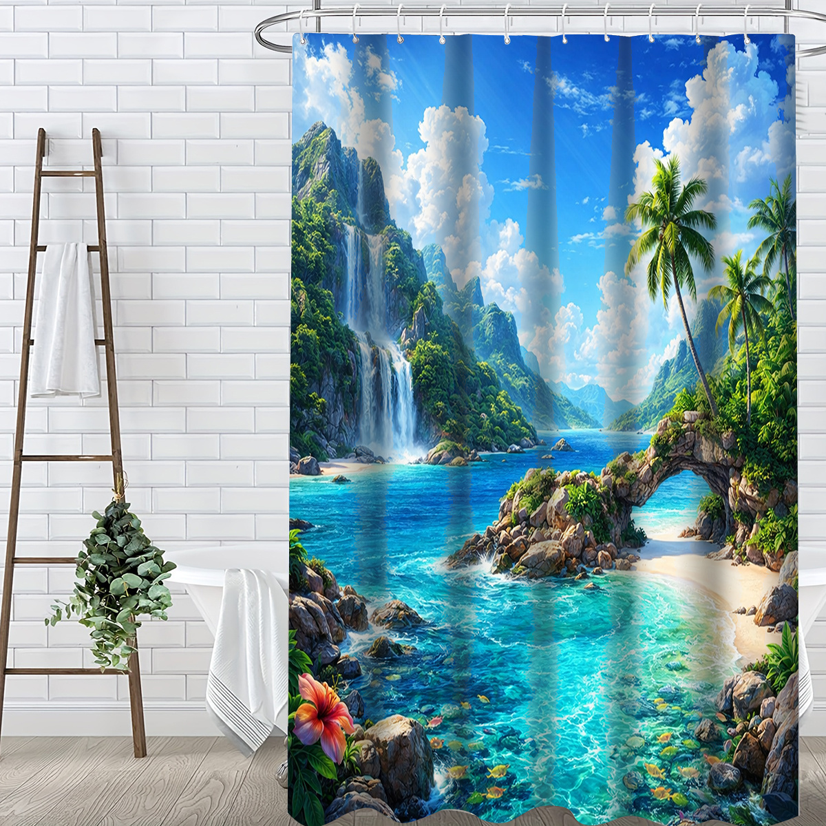 Tropical Waterfall Beach Shower Curtain, Multi-Size Options