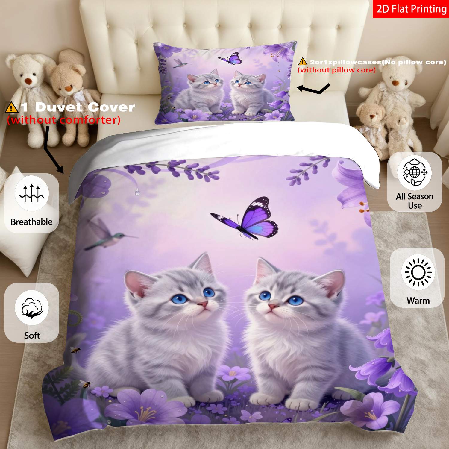 TEMU A Bedding Featuring A Cute Cartoon Design With A Purple Floral Theme, Including A Duvet Cover And 1 Or 2 Pillowcases, With Kittens, Butterflies,