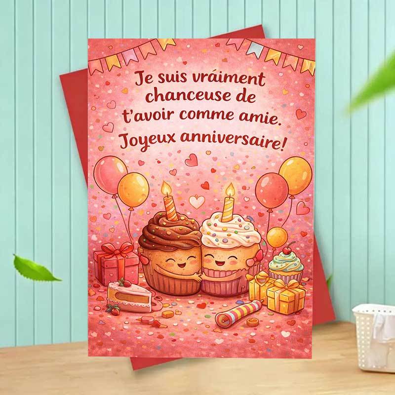 TEMU 1pc Cute Cupcake Birthday Card For Best Friend French Message Joyeux Anniversaire Sweet Friendship Theme Balloons Gifts Greeting Ideal For Women