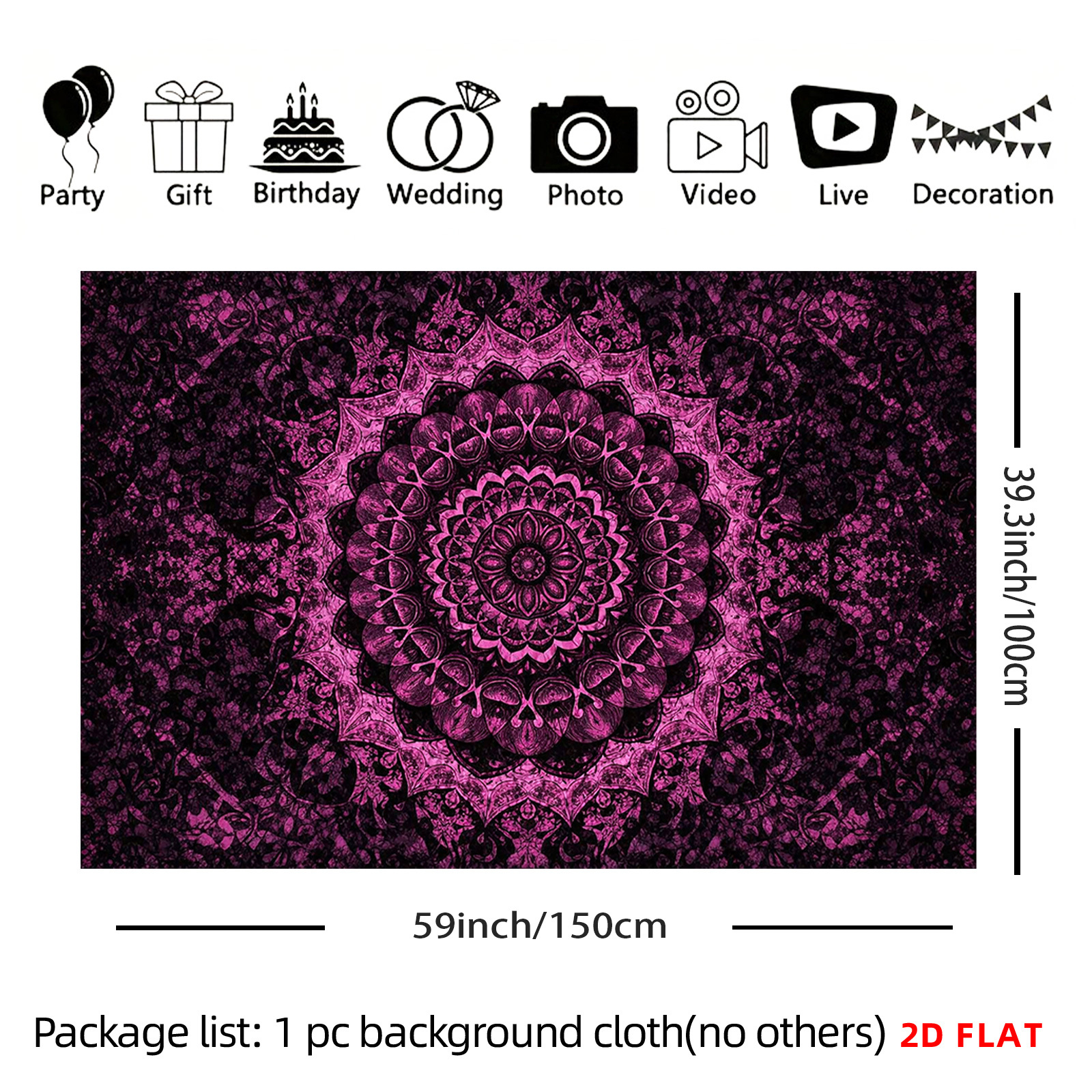 TEMU 2d Flat, 1 Large Large Wall Tapestry Suitable For Bedroom, Living Room, - Large Horizontal Mandala Floral Ornate Magenta Decor, Non-luminous