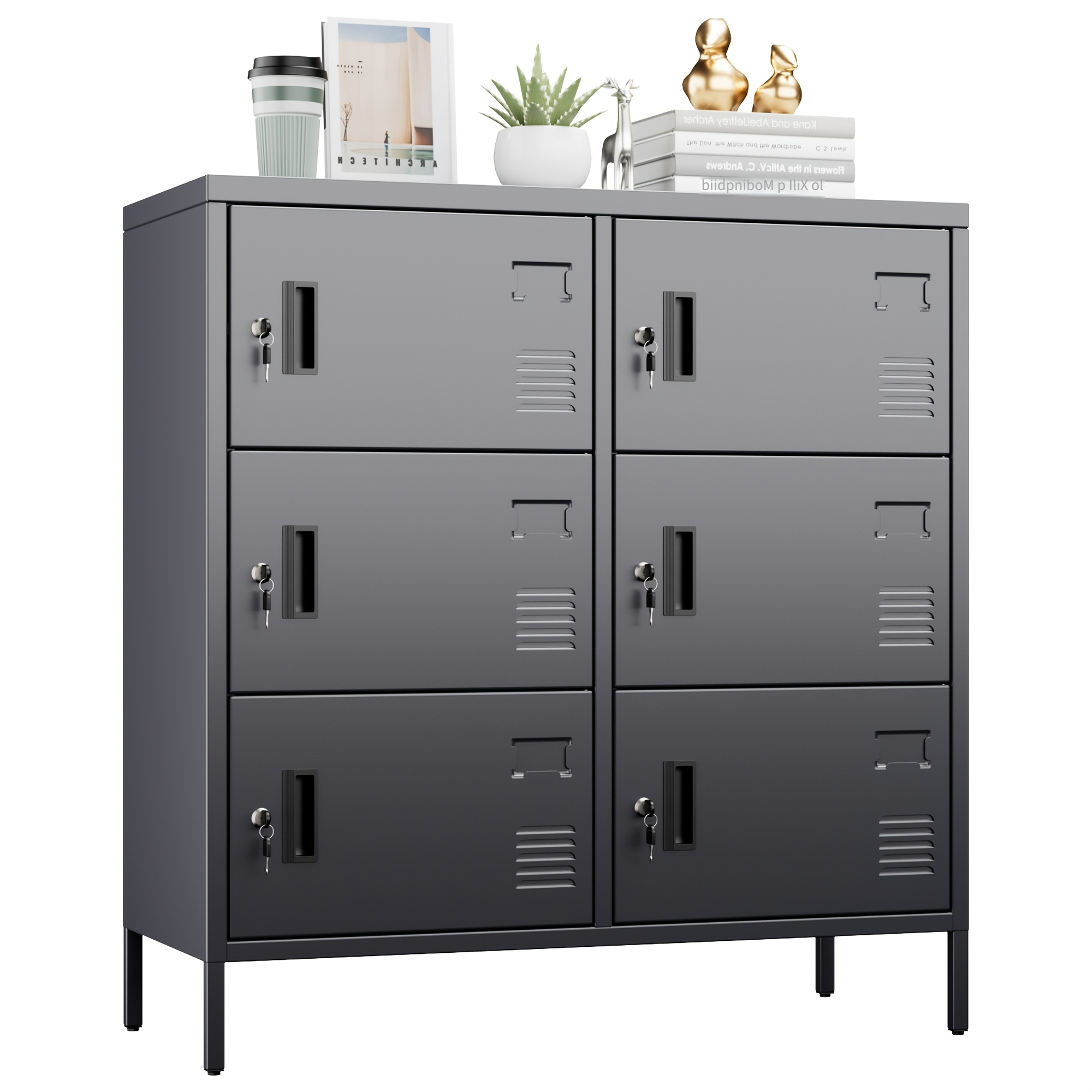 Image of A Metal Storage Cabinet With 6 Doors, Employee Storage Cabinet, Steel Filing Cabinet, With Lock, Suitable For Offices, Homes, Schools, Requires Assembly, Dark Gray