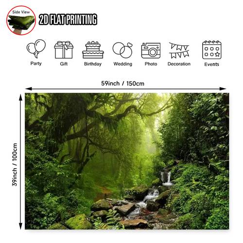 2d plat, 1 geschikt voor - mistige regenwoudbeek achtergrondbanner - jungle-thema met levendige bladerprint voor achtergrond, thuiskantoor feestdecoratie, natuurthema binnendecoratie, 2d plat