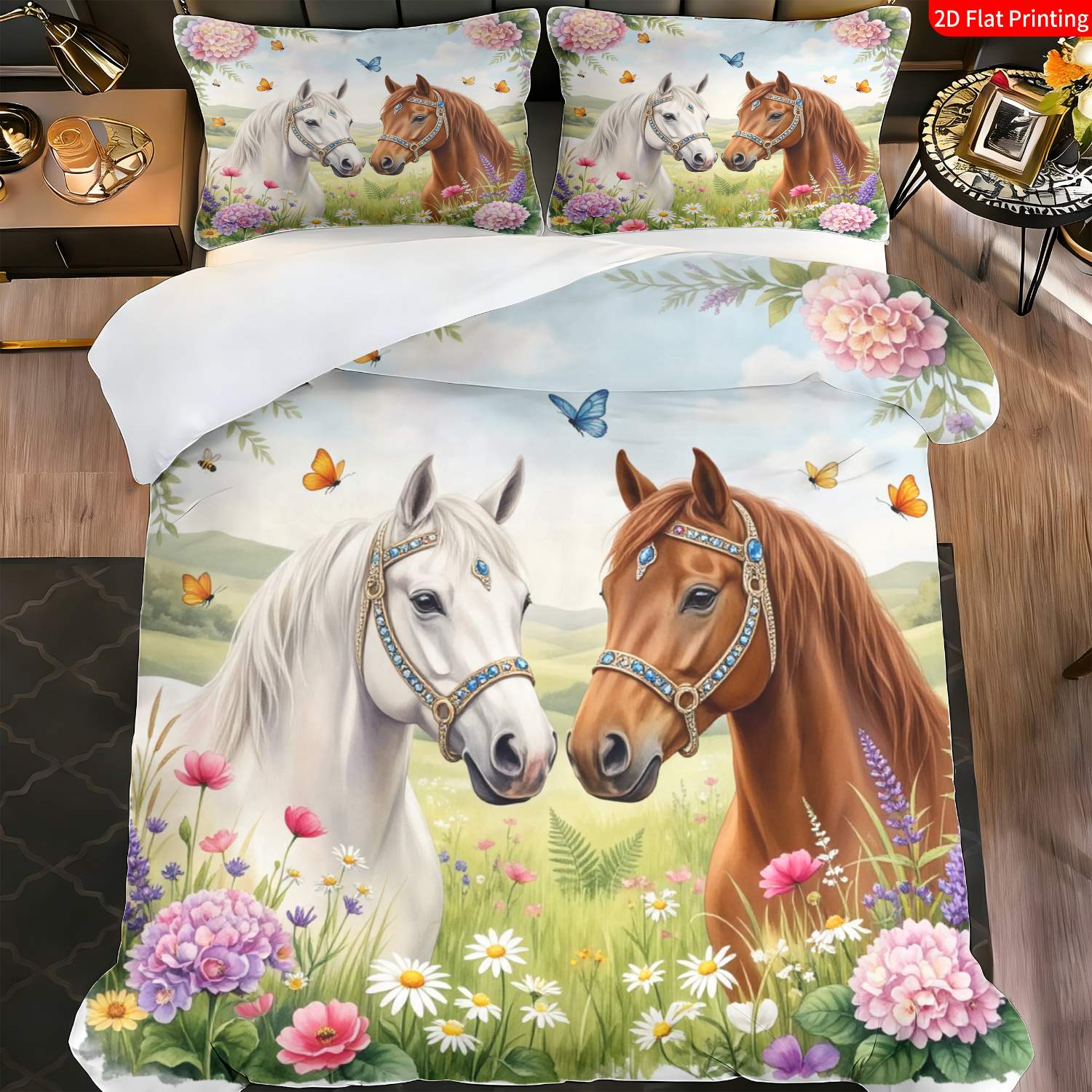 TEMU Ensemble de literie 2/3 pièces avec imprimé plat 2D floral et thème cheval, multicolore, double chevaux avec hortensia, papillons et motif de