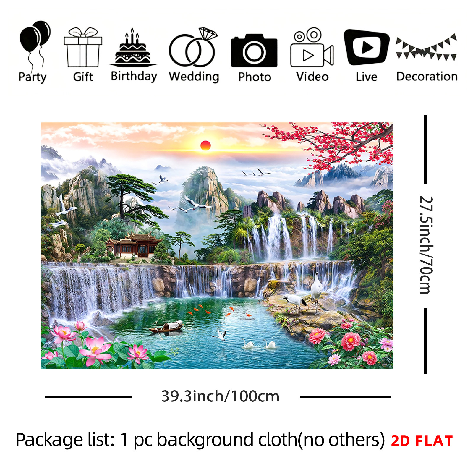 TEMU 2d Flat - 2d Flat - A Large Tapestry Featuring A Pattern Of Mountains, A Waterfall, The Sun, A , And Flowers, Designed For Wall Decoration In