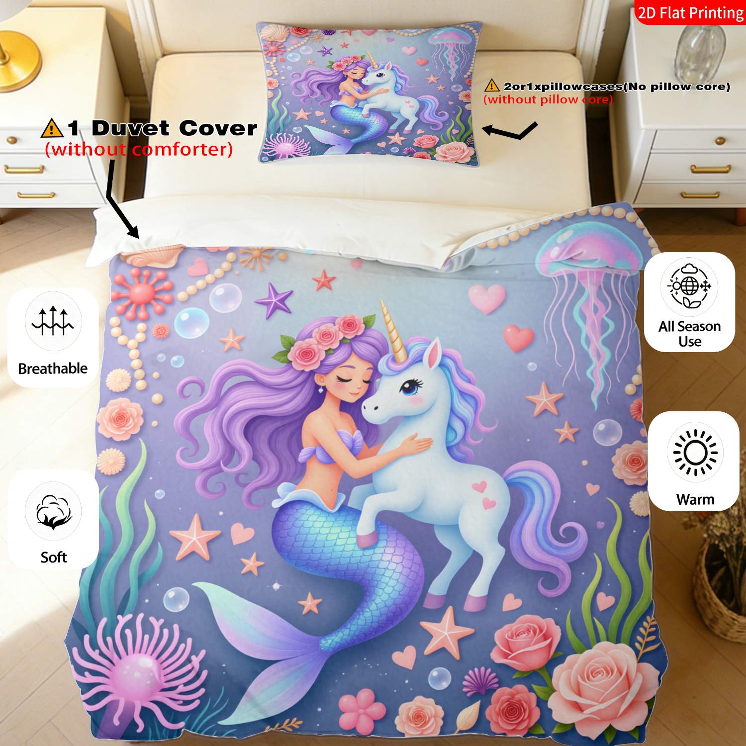 TEMU 2/3pcs Of A 2d Flat Printed Bedding Featuring A Underwater With Mermaids, Unicorns, Starfish, And Flowers In Purple, Blue, And Pink. Ideal For