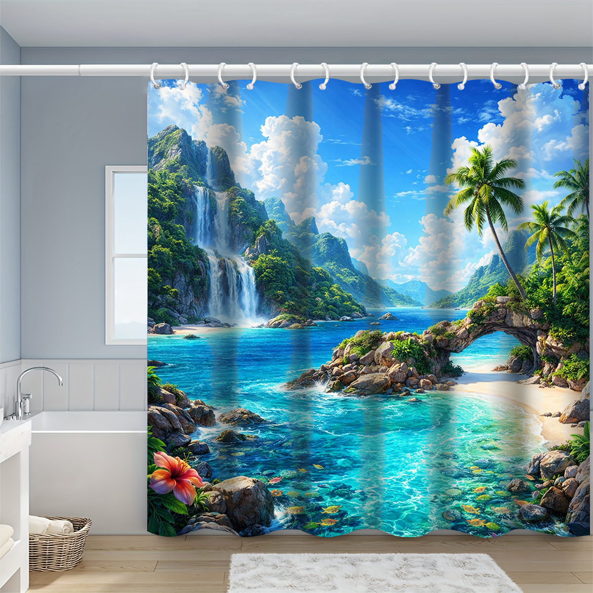 Tropical Waterfall Beach Shower Curtain, Multi-Size Options