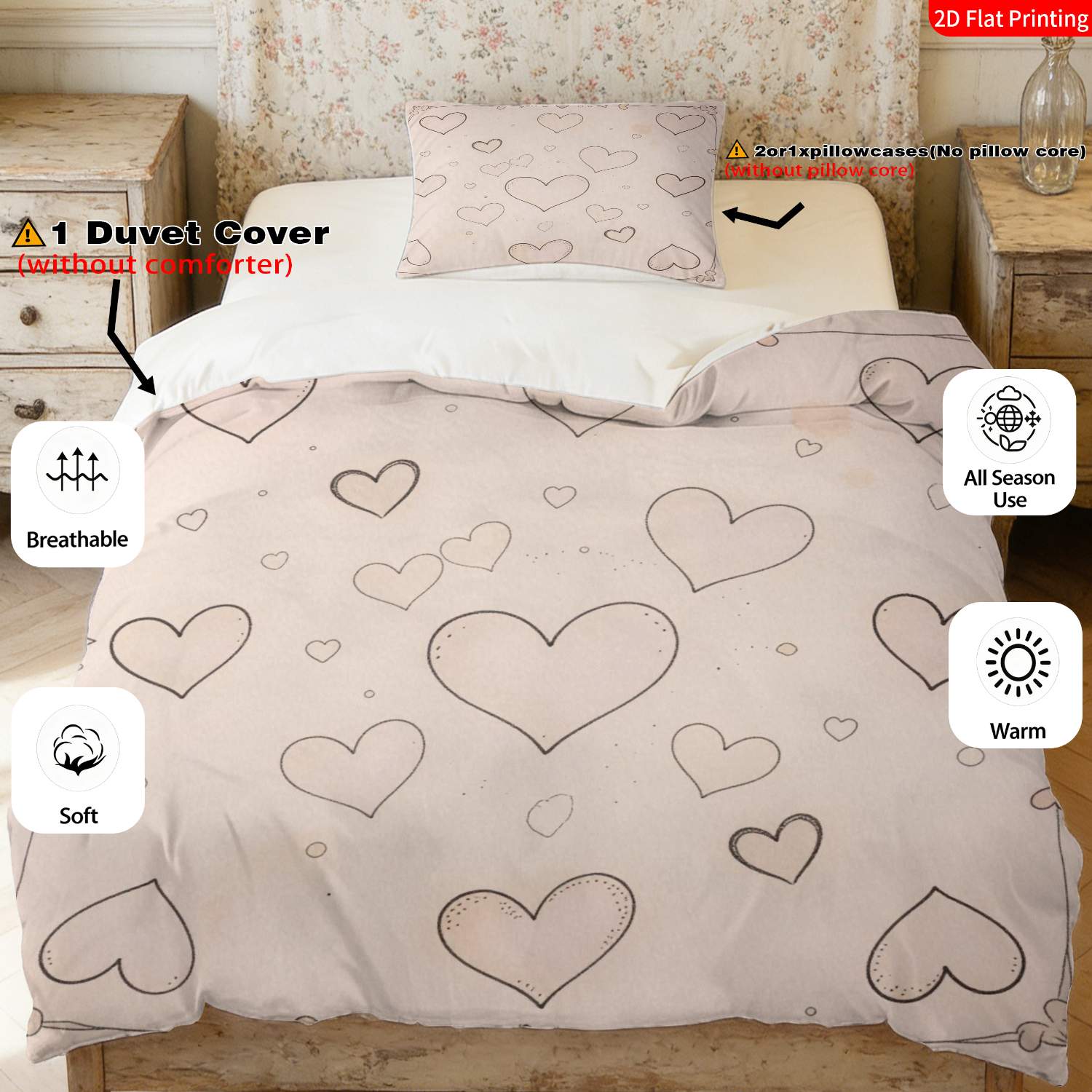 TEMU 2/3pcs 2d Flat Printing Duvet Cover Set Romantic Heart Pattern Bedding Beige With Hand-drawn Hearts & Dots Print Suitable For Occasions(1*duvet