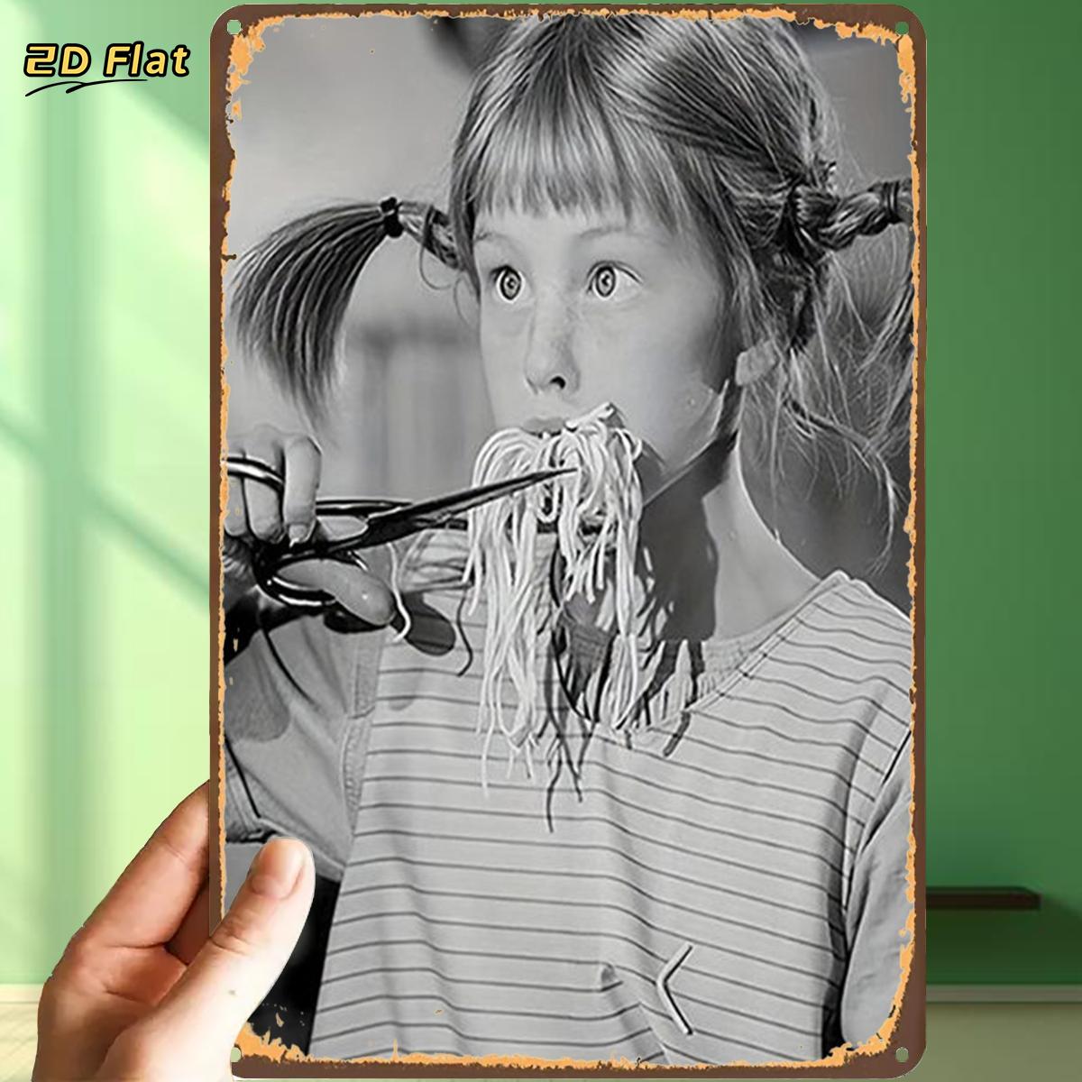 E-shop 2D Flach, 1 Stück, Humorvolles Moment des Pasta-Konsums auf einem Metall-Tinschild, mit vorgebohrten Löchern, ideal zur Dekoration im
