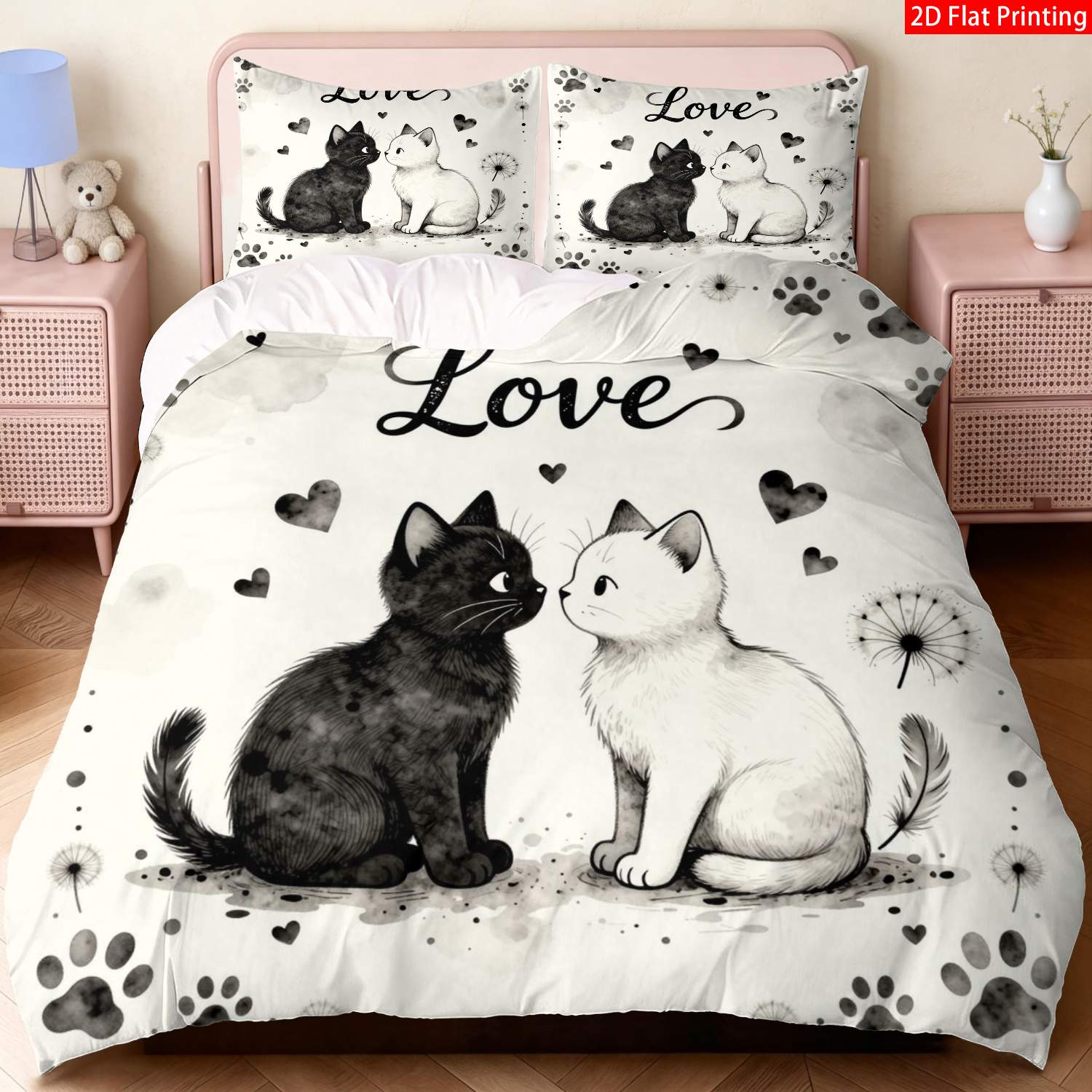 TEMU Parure de lit 2/3 pièces LATACACA pour chat - Housse de couette et taies d'oreiller à imprimé pattes de et blanc, convient à diverses occasions,