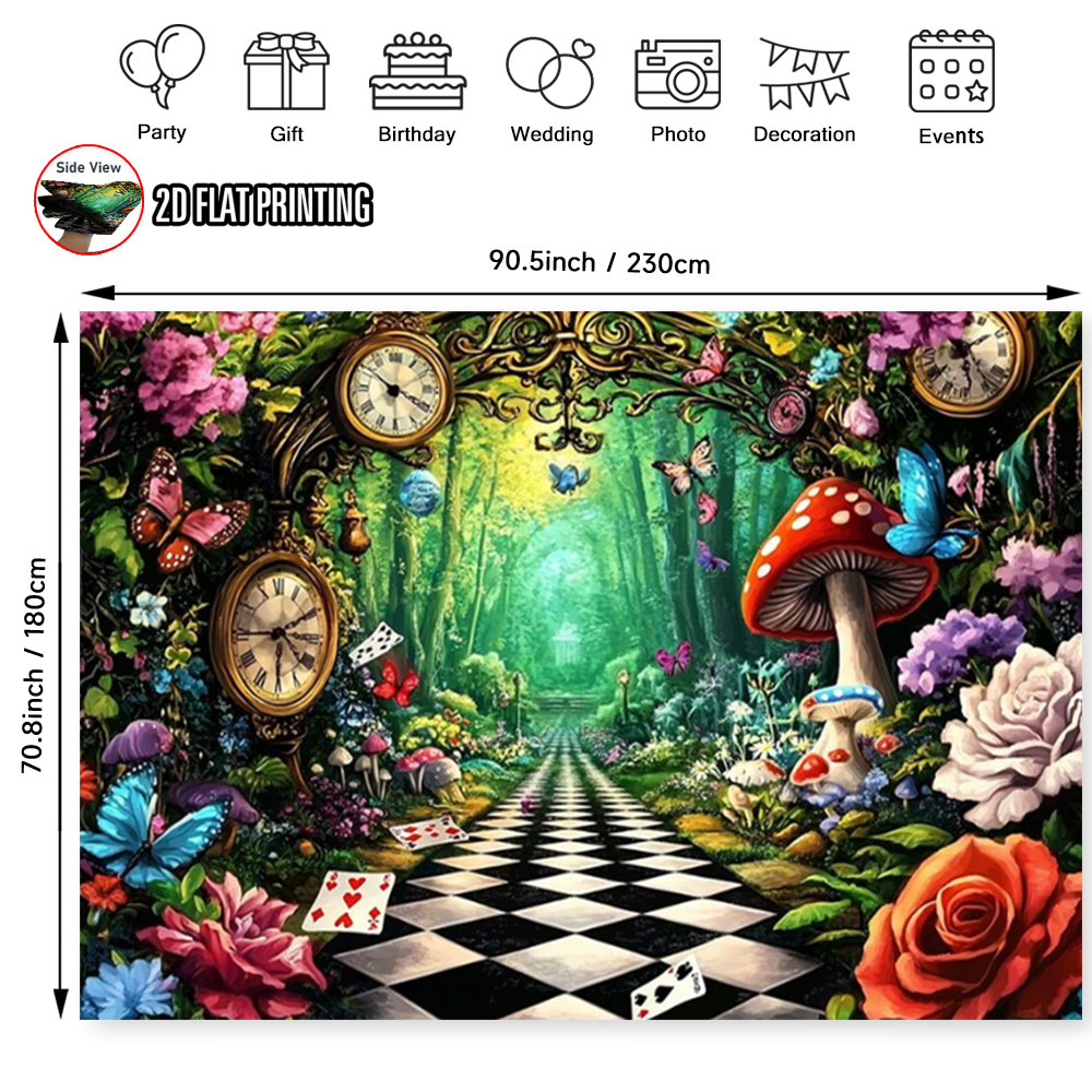 TEMU 2d Flat, 1pc Backdrop Suitable For Birthdays, Weddings & Themed Parties - Large Alice's Wonderland Path Print Wall Decoration With Alice