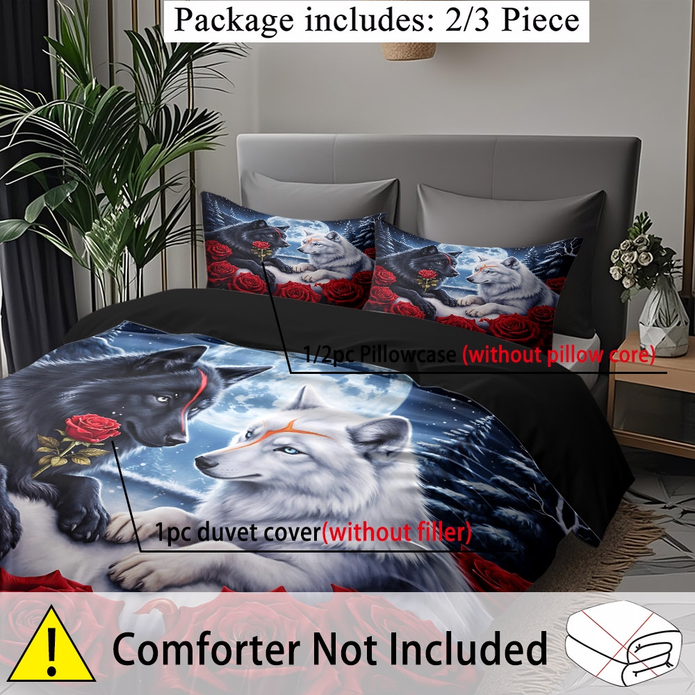TEMU 2/3pcs Double Wolf Rose Themed Duvet Cover Set (1 Duvet Cover   1/2 Pillowcases, No Filling), High-definition Digital Printing, Suitable As A