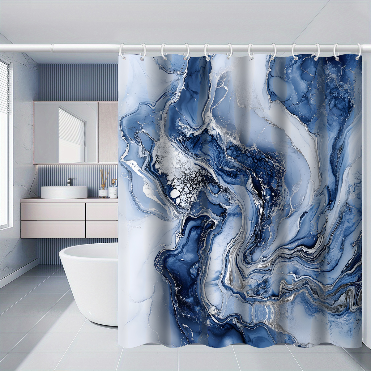 TEMU 1pc Blue Marble Abstract Shower Curtain, Bathroom Decor, Multi - Size Options (120x180cm, 150x180cm, 180x180cm, 180x200cm, 240x200cm), Includes