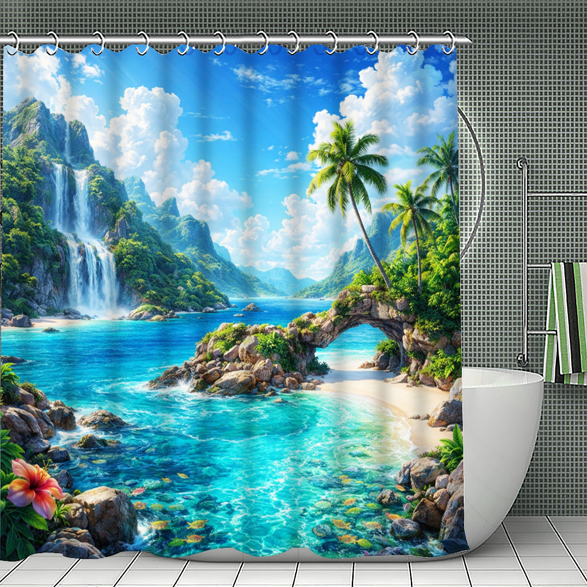 Tropical Waterfall Beach Shower Curtain, Multi-Size Options