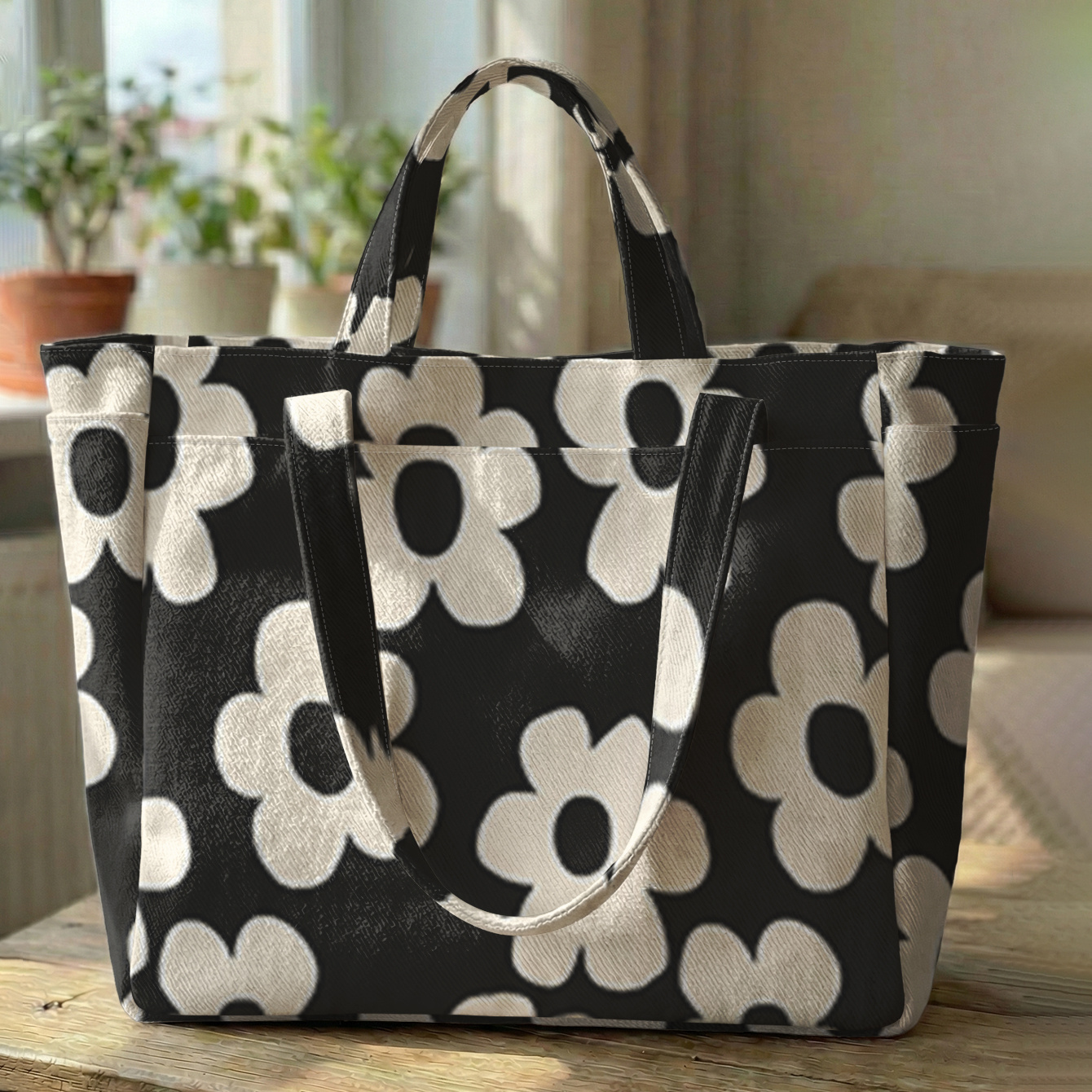 TEMU Simple Floral 2d Printed Tote Bag, Large Capacity Shopping Bag, Wear-resistant And Durable + Reinforced Double Handles + Extra Large Capacity |