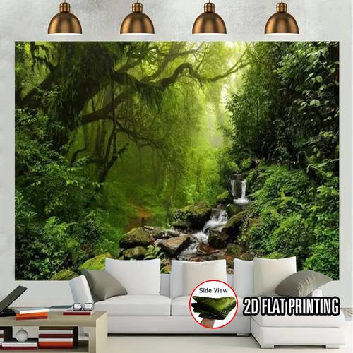 artikel foto 2d plat, 1 geschikt voor - mistige regenwoudbeek achtergrondbanner - jungle-thema met levendige bladerprint voor achtergrond, thuiskantoor feestdecoratie, natuurthema binnendecoratie, 2d plat