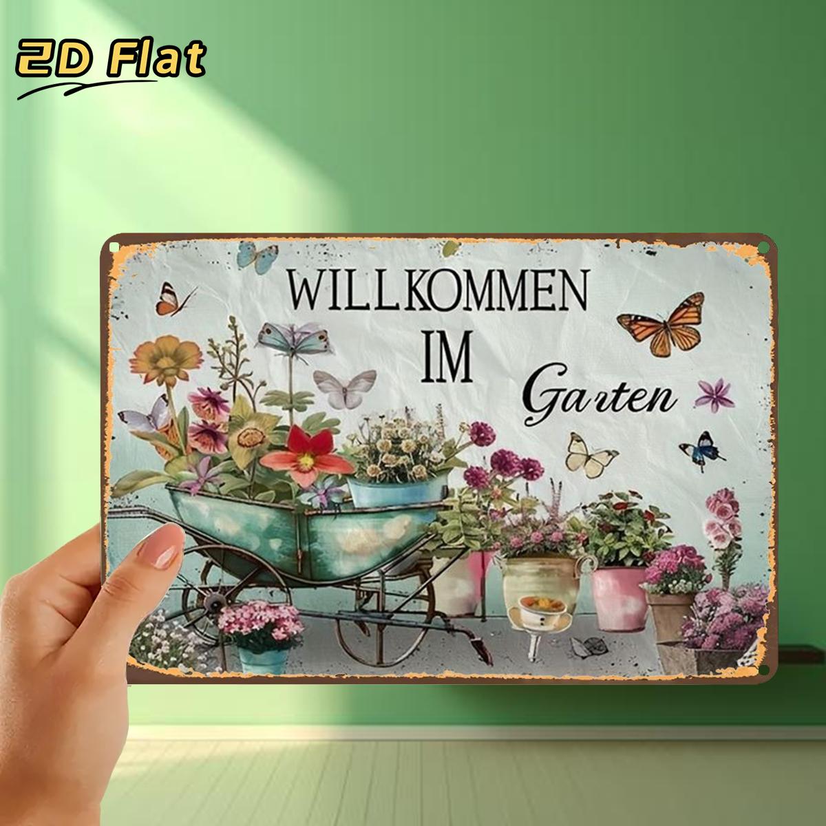 E-shop 2D Flat - Ein 2D flaches Metallschild mit Schmetterlingen und Blumen, entworfen als Gartenwillkommensschild. Es wird mit vorgebohrten Löchern