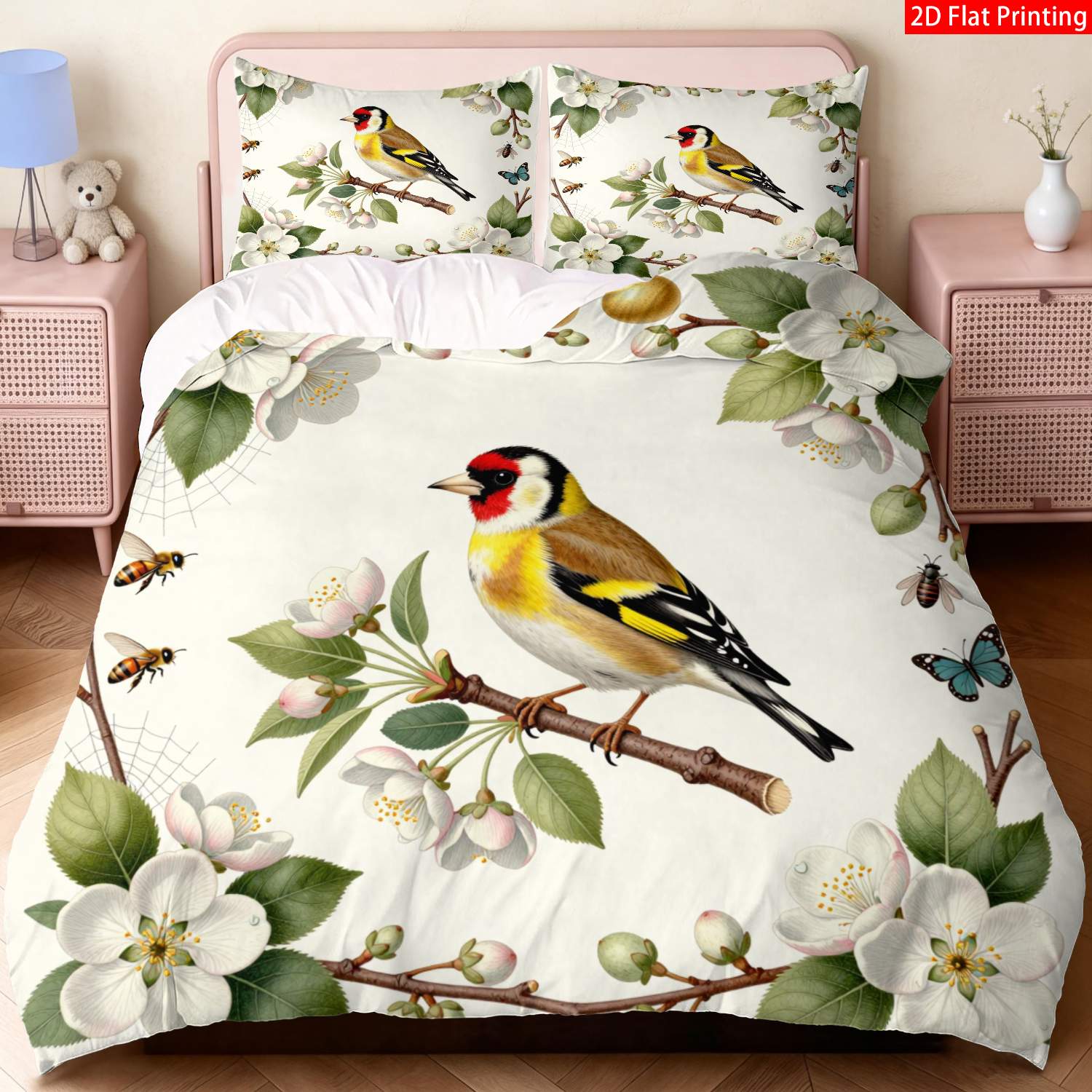 TEMU 2/3 pièces Housse de couette 2D à impression plate, , inspirée de la nature, blanc, jaune, doré, oiseaux, fleurs, œufs, papillons, insectes,