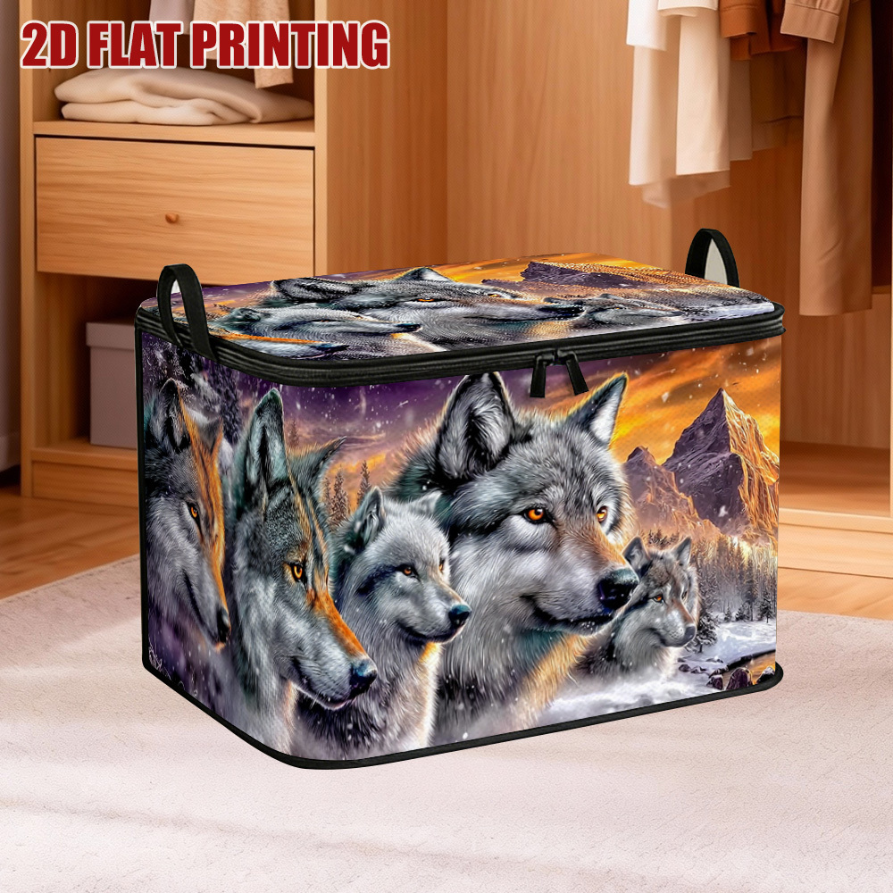 TEMU 1pc Collapsible Storage Basket With Lid - Winter Wolves Snow Design Oxford Cloth Bin Suitable For Outdoor/ Use, Decorative Shelf Organizer For
