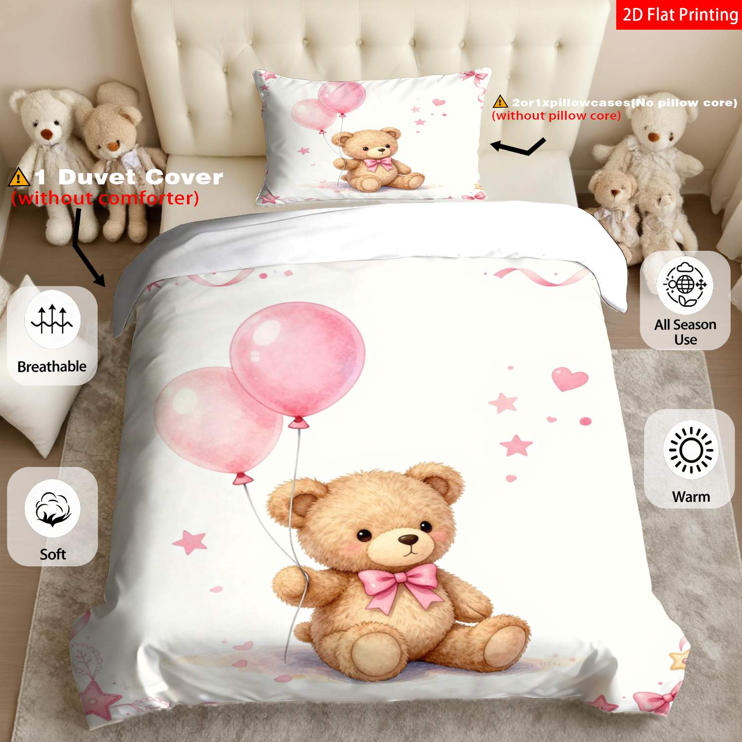 TEMU 2/3pcs Of 2d Flat Printed Bedding Featuring A Sweet Cartoon Design With A Shower Theme, Showcasing Pink , Balloons, Stars, And Heart Patterns.