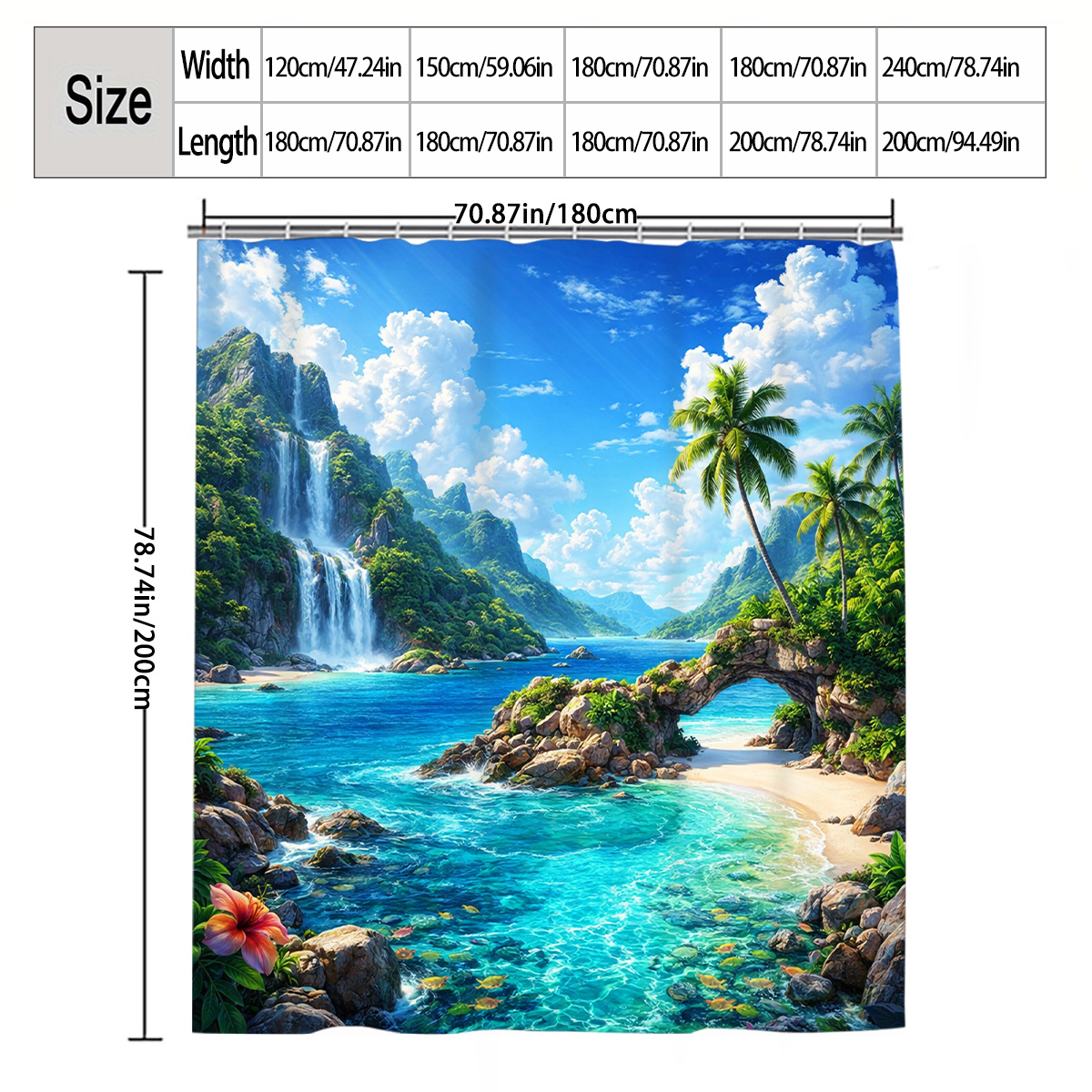 Tropical Waterfall Beach Shower Curtain, Multi-Size Options