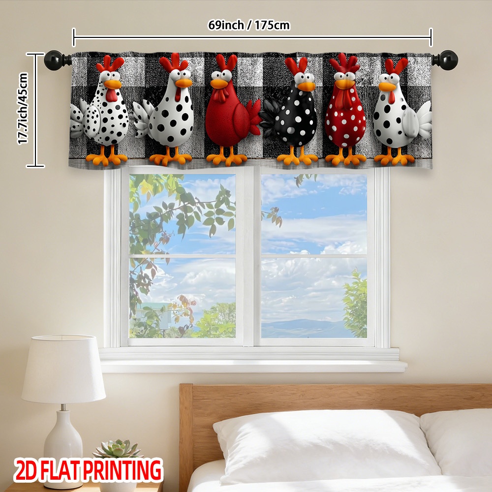 TEMU 2d Flat, Colorful Polka Dot Chickens Window Valance - Rod Pocket, Polyester, Holiday Party Decor For Kitchen, Bedroom, Bathroom, 2d Flat