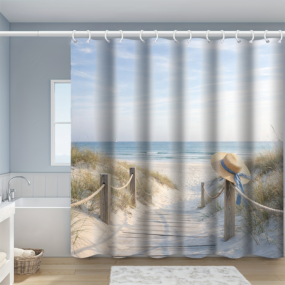 TEMU 1pc Beach Path Shower Curtain, Bathroom Decor, Options (120x180cm, 150x180cm, 180x180cm, 180x200cm, 240x200cm), Includes Hooks, Bathroom