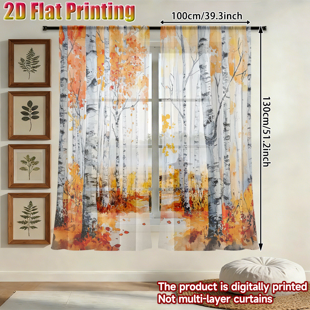 TEMU 2d Flat, 2pcs,2d Flat Printing, Attractive Sheer Curtains Colorful Birch Forest In Autumn , Curtains Suitable For Bedroom, Living Room, Office -