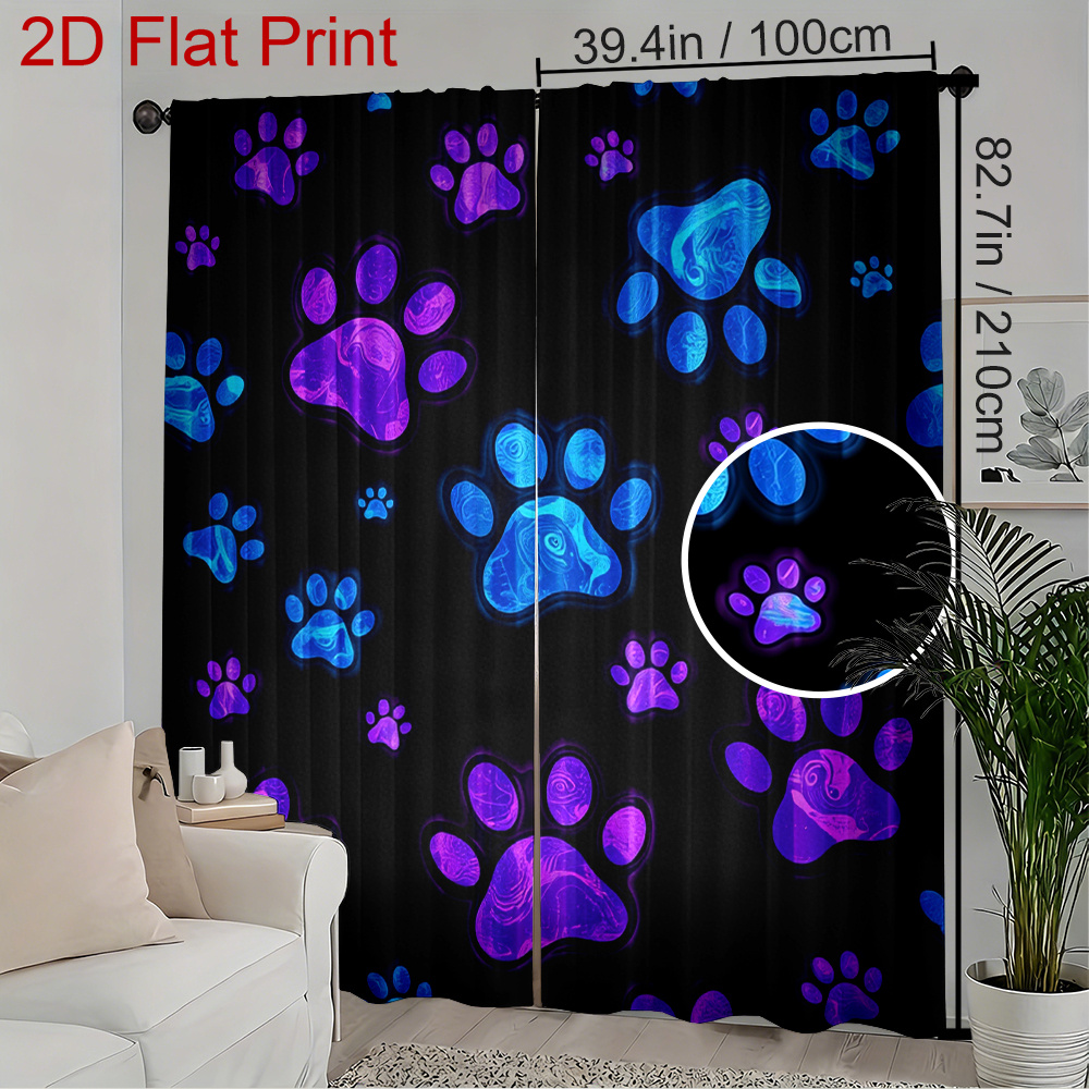 TEMU 1pc/2pcs Set Print Theme. Printed Curtains 17.7x54in Blue And Purple Paw Print Patterns On A Black Background. Blackout Curtain Panels Semi
