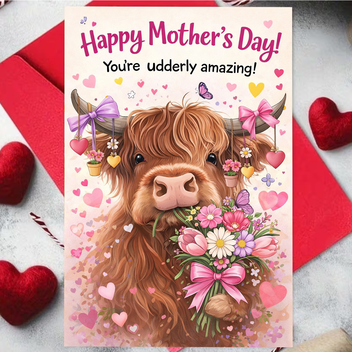TEMU A Single Card Featuring A Highland Cow With Flowers, Complete With A Pun About Being ' Amazing.' It And , Perfect For Moms, Wives