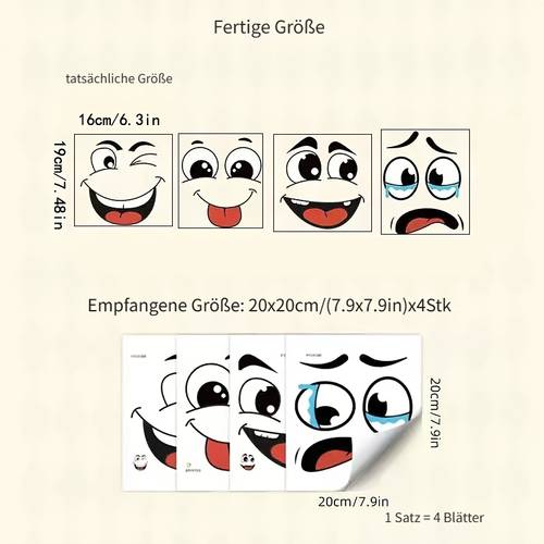 set aus 4 pvc 2d-gedruckten, flachen cartoon-aufklebern zur dekoration von haushaltsmülltonnen, mit glänzender oberfläche und lustigen designs